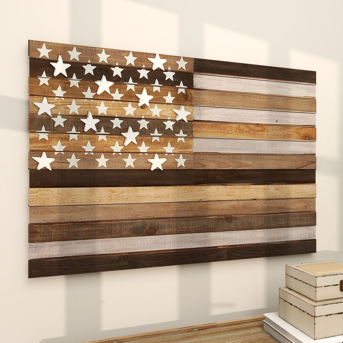 Wood American Flag Handmade Washed Home Wall Decor with Slatted Panels and Cream Stars - Brown - Roche River Decor