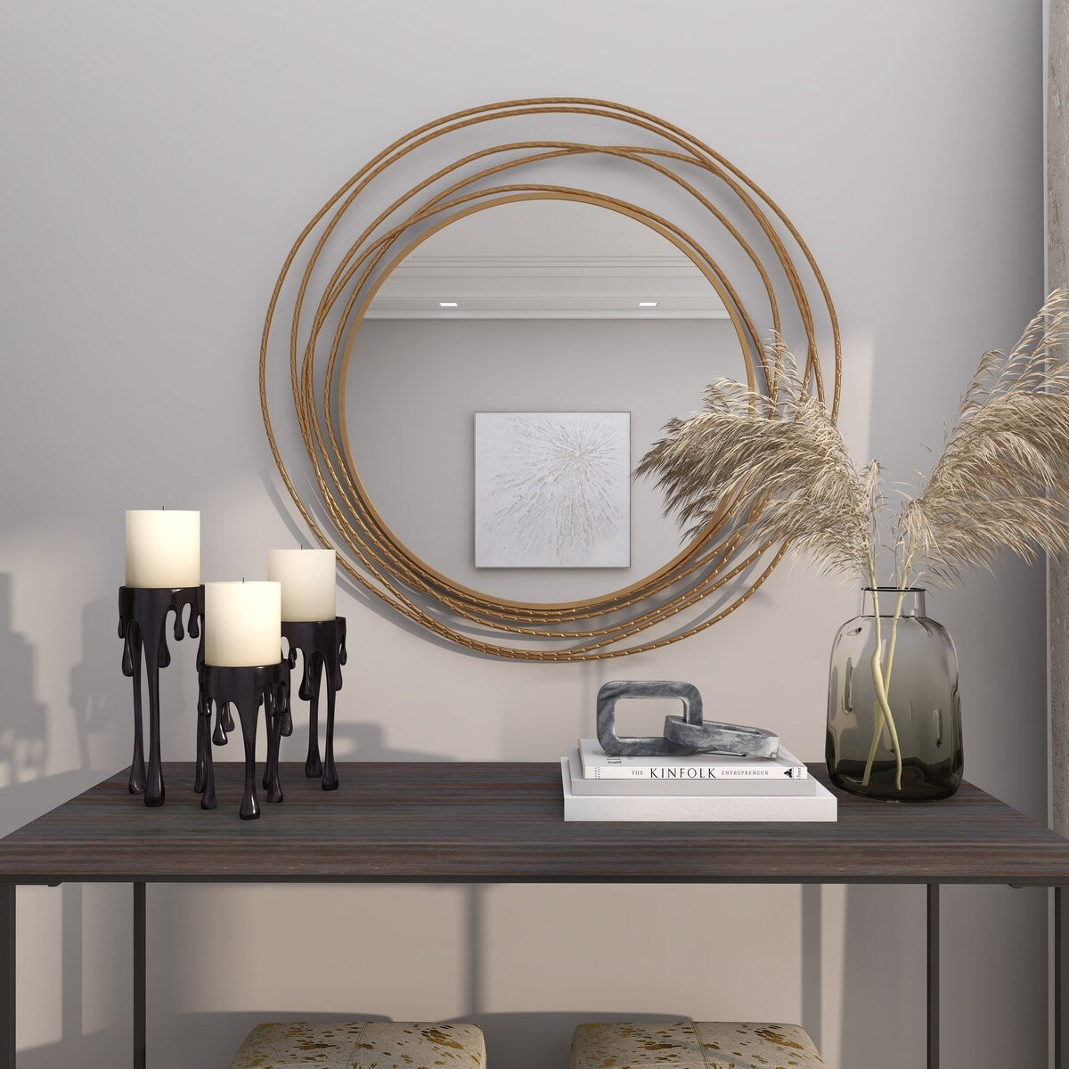 Metal Room Wall Mirror with Overlapping Ring Frame - Gold - Roche River Decor