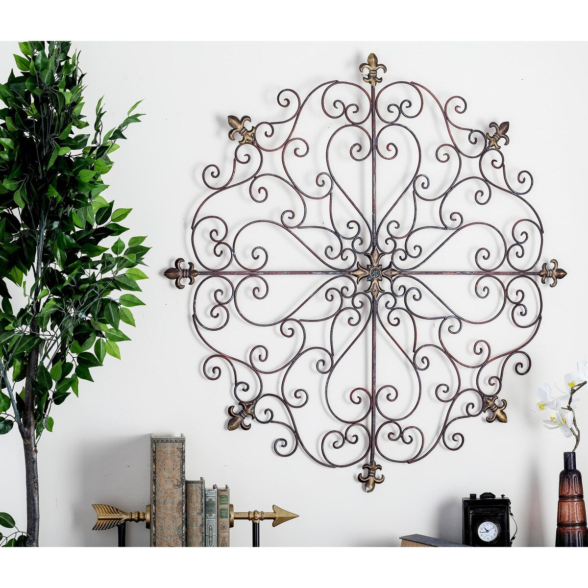 Metal Fleur De Lis Scrolled Medallion Home Wall Decor - Brown - Roche River Decor