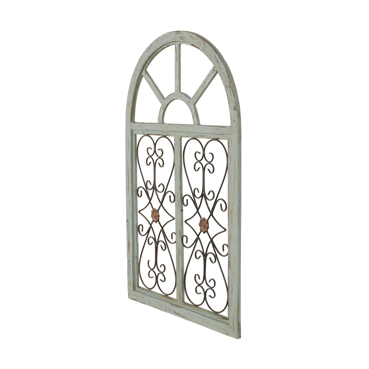 Wood Scroll Arched Window Inspired Home Wall Decor with Metal Scrollwork Relief - Light Blue - Roche River Decor