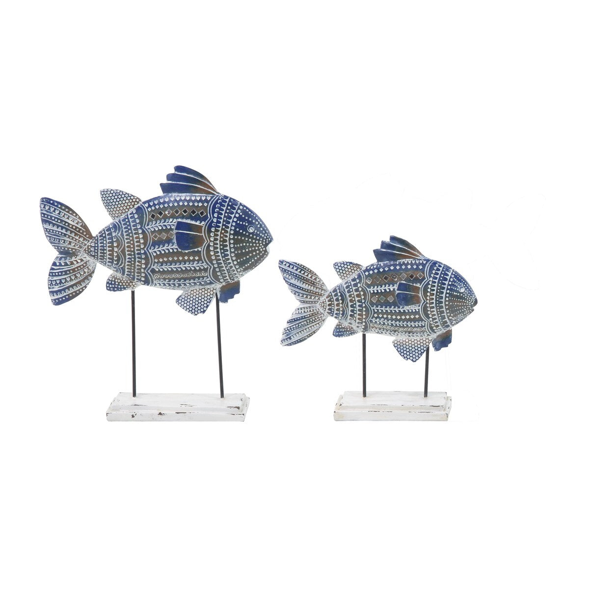 Polystone Fish Tribal Patterned Decorative Sculpture with White Carvings and Mirrored Accent - Set of 2 Blue - Roche River Decor