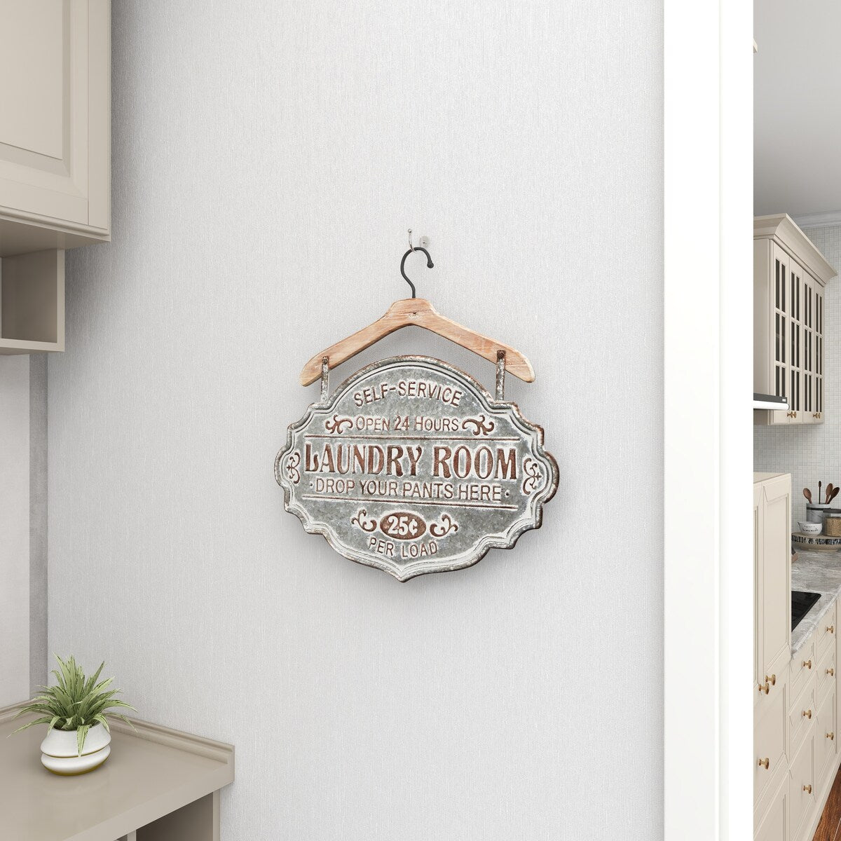 Metal Sign Laundry Room Home Wall Decor with Brown Wood Hanger - Gray - Roche River Decor