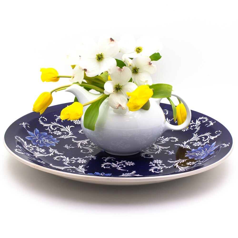 Euro Ceramica Blue Garden Ceramic 18 Decorative Plate with Stand - 18 in. x 18 in. x 2.5 in.