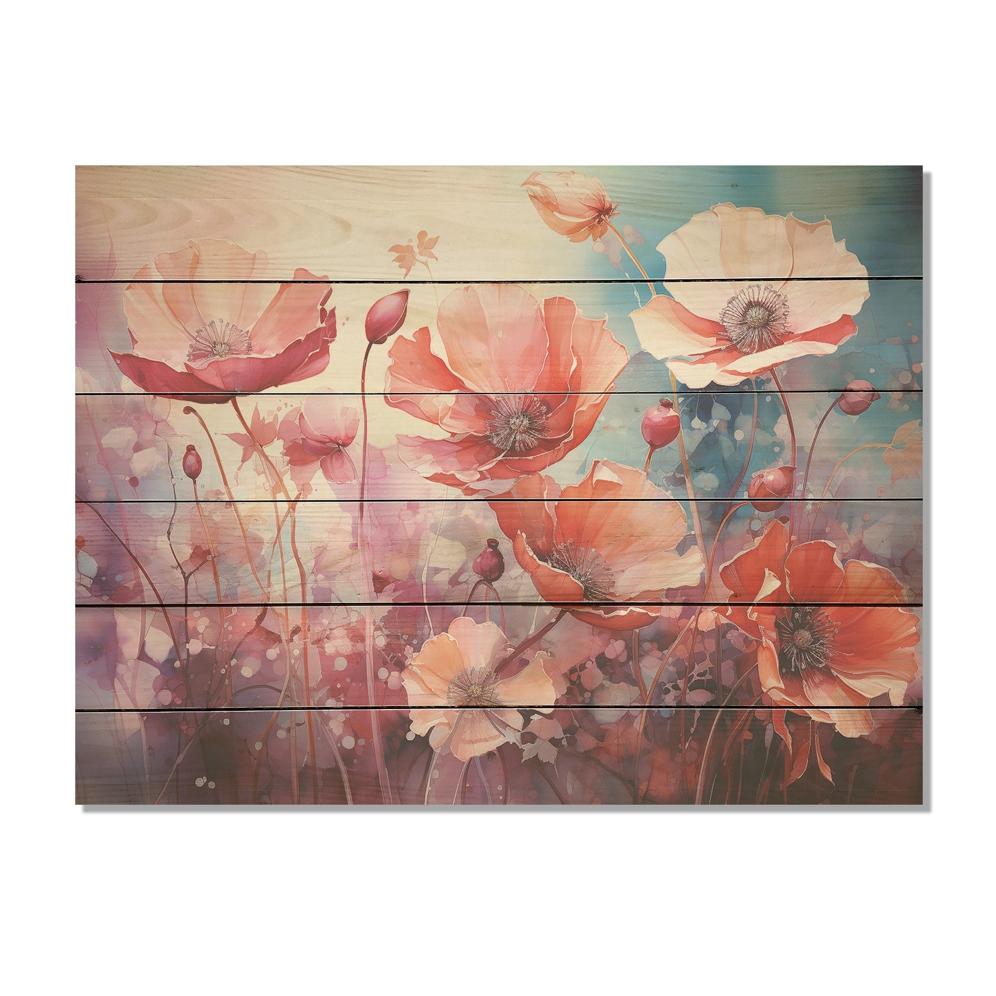 Designart Pink Crimson Flower Meadow Field IX Flower Wood Wall Decor Traditional Pink Wood Panel On Natural Pine Wood