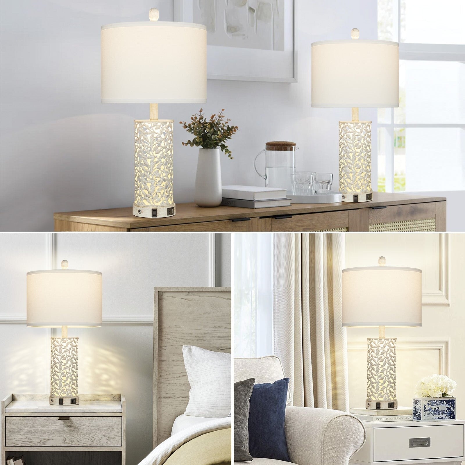 Table Lamps Nightlight 2in1 White with Gold Metal USB Ports AC Outlet Touch Switch(Set of 2)