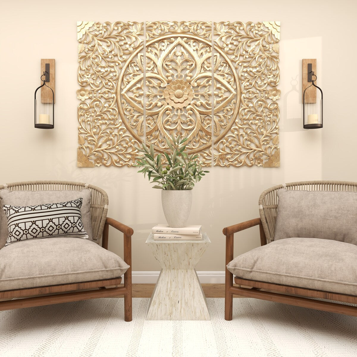 Wood Floral Handmade Intricately Carved Home Wall Decor with Mandala Design - Set of 3 Gold - Roche River Decor