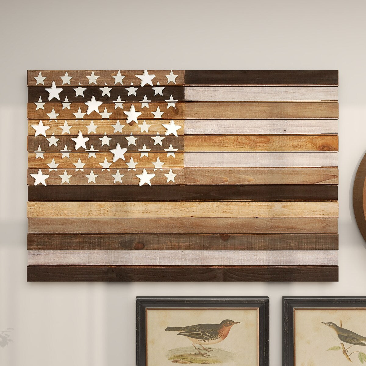 Wood American Flag Handmade Washed Home Wall Decor with Slatted Panels and Cream Stars - Brown - Roche River Decor