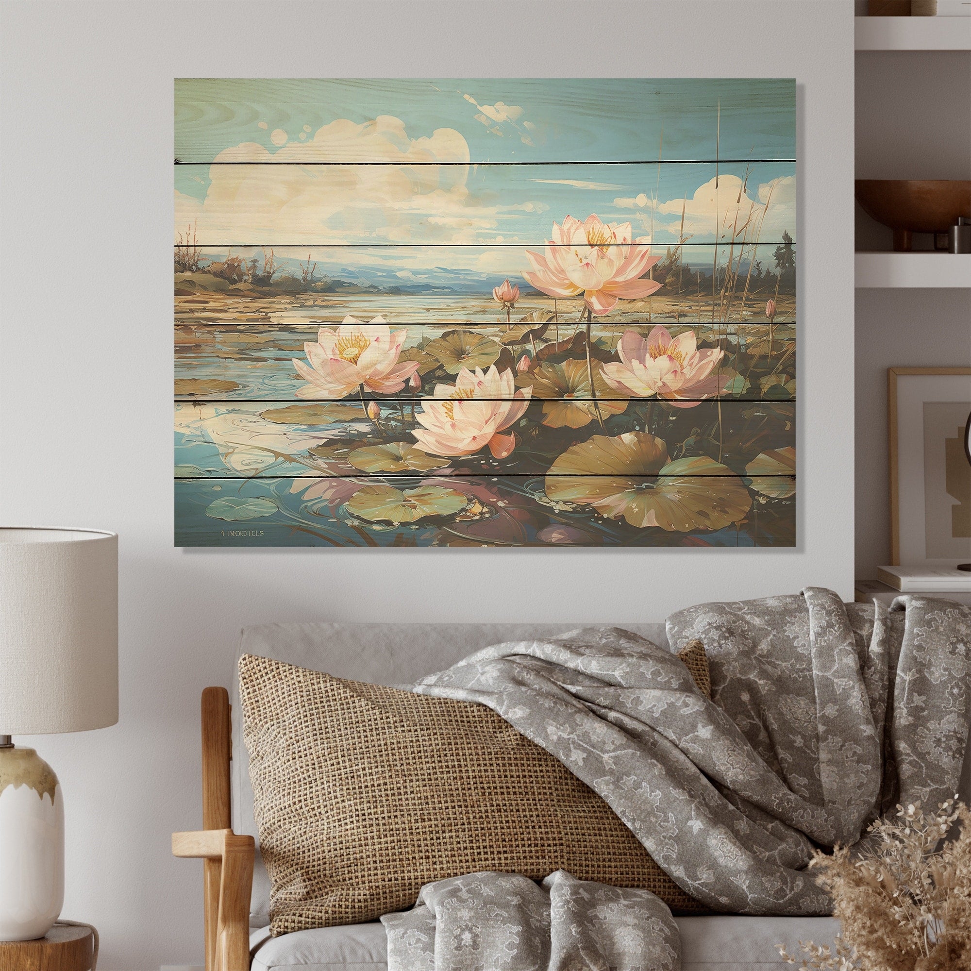 Designart By The Lake Lotus Liquid Art Lotus Wood Wall Decor - Modern Pink Wood Panel On Natural Pine Wood