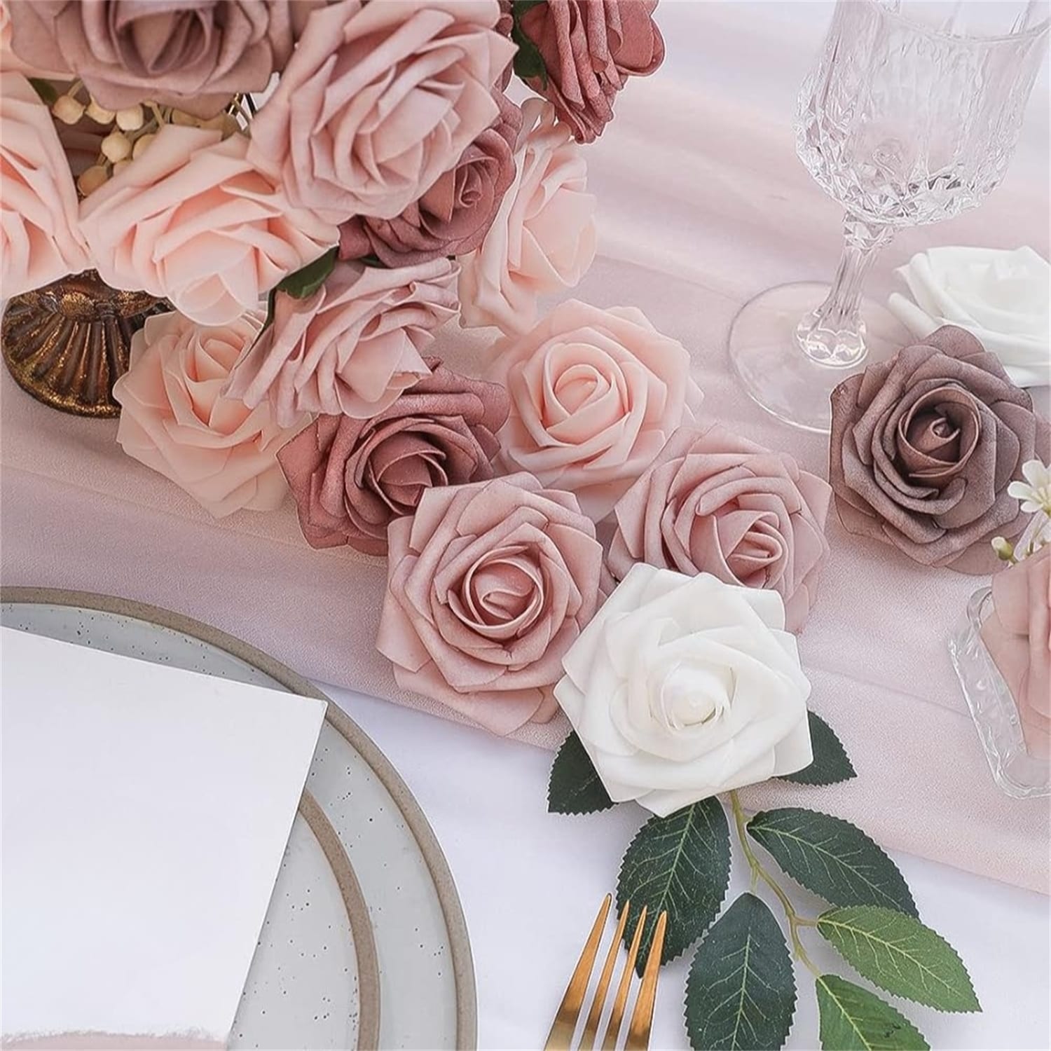 25pcs Dusty Rose Ombre Artificial Roses with Stems - Dusty Rose