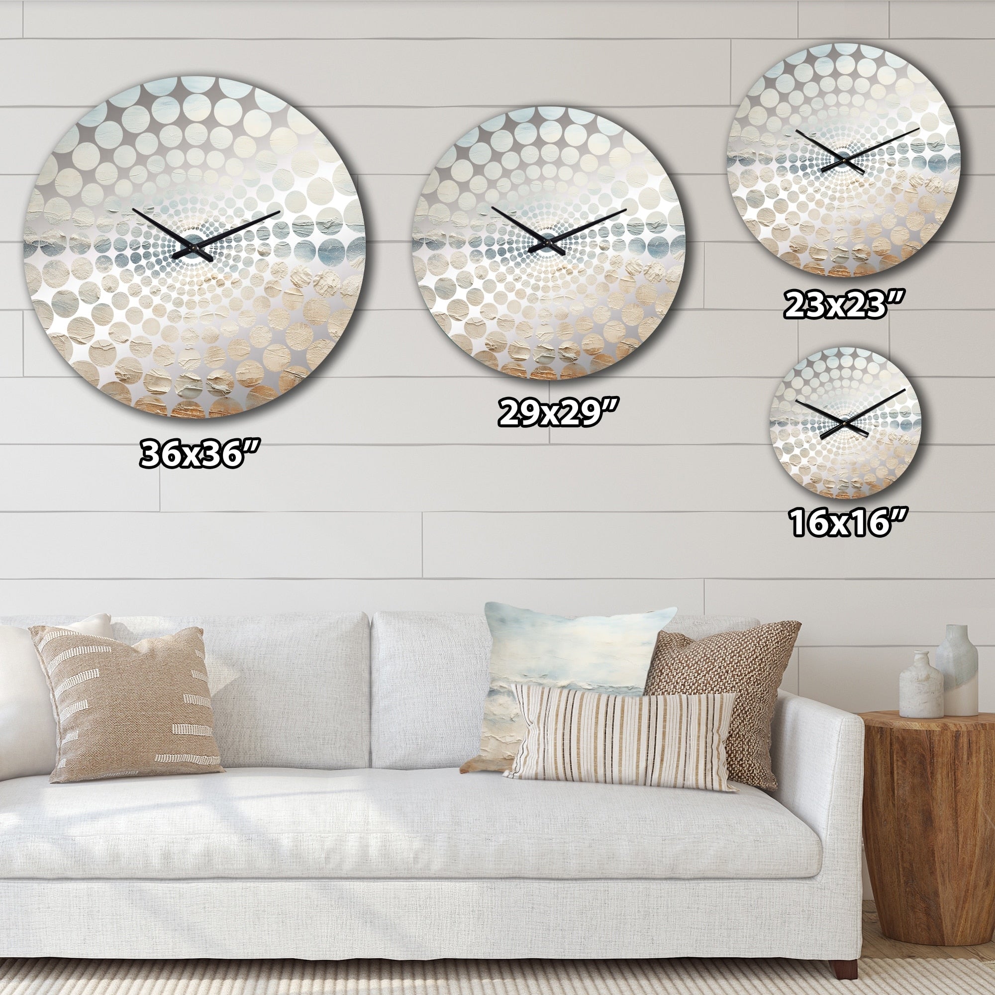 Designart Modern Coastal Beige And Grey River Beige Coastal Ocean Oversized Wall Clocks For Bedroom