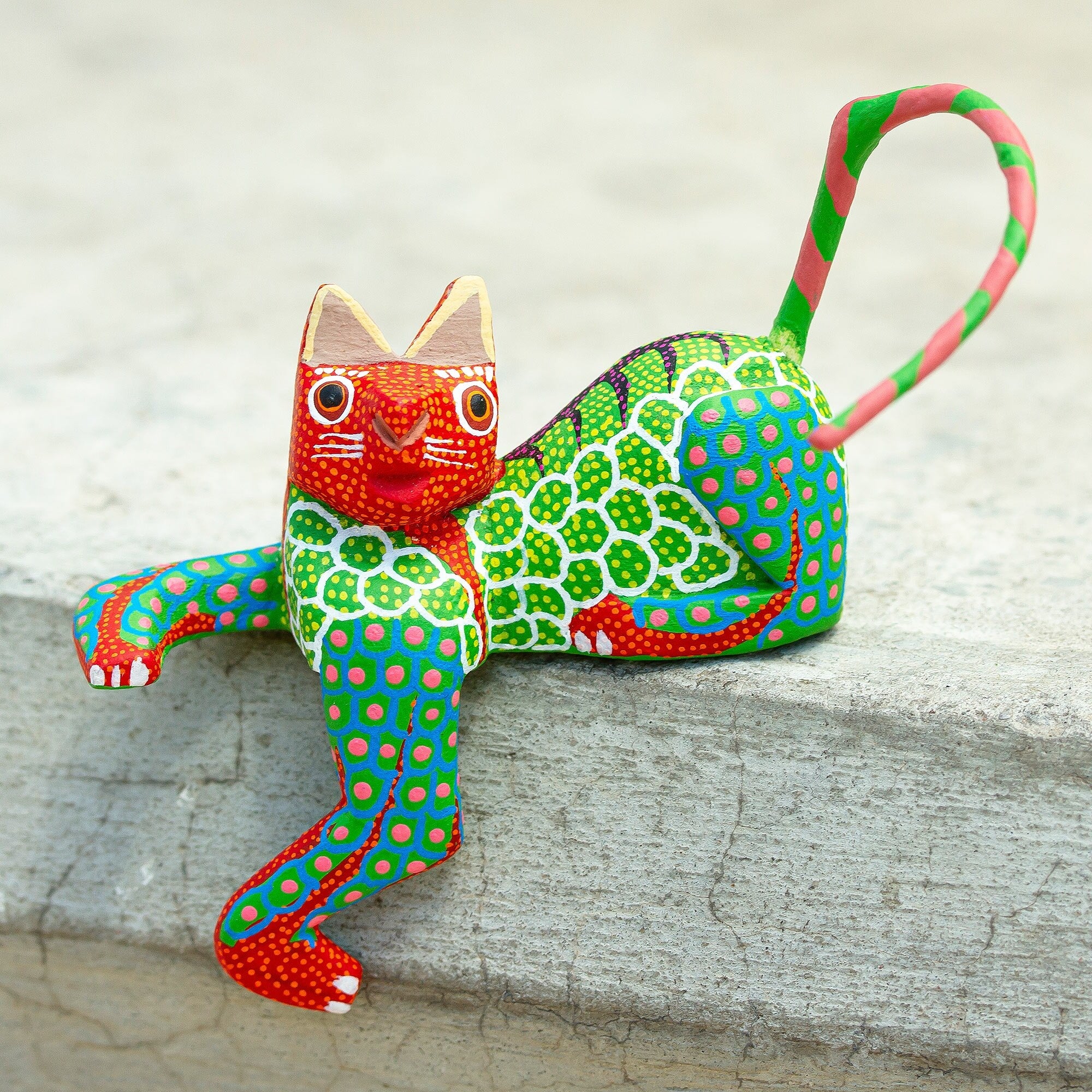 Novica Handmade Lounging Cat In Green Wood Alebrije Figurine