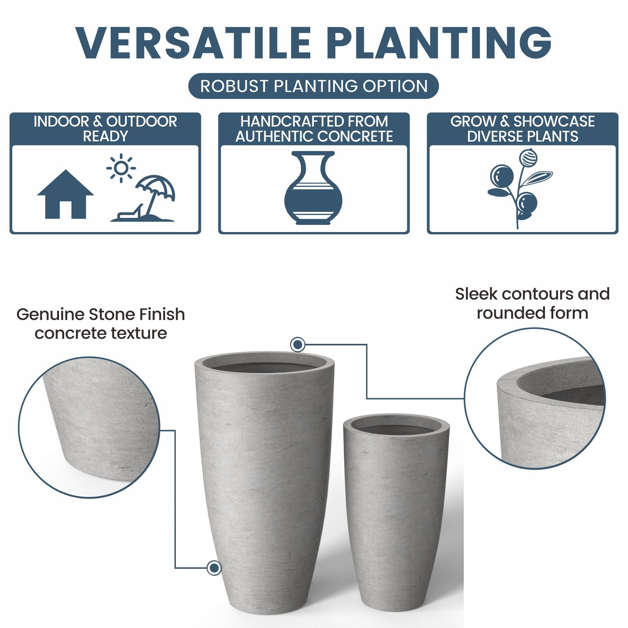 Tall Concrete Round Plant Pots / Large Indoor and Outdoor flower Planters