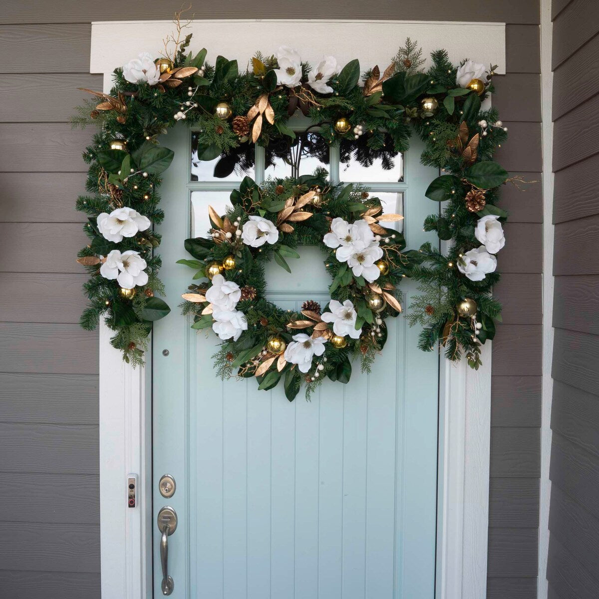 9 ft. Artificial Christmas Garland with Lights - White Gold Magnolia - 9 Foot