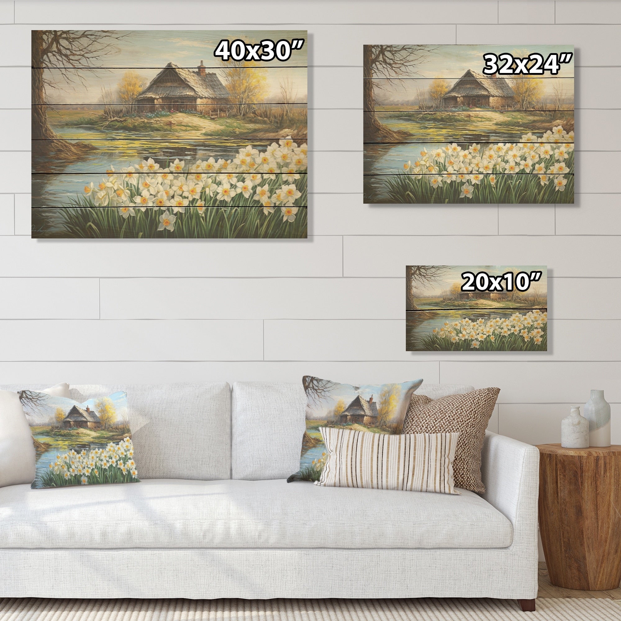 Designart White And Yellow Daffodils Country Charm I Flowers Wood Wall Decor - Green Wood Panel On Natural Pine Wood