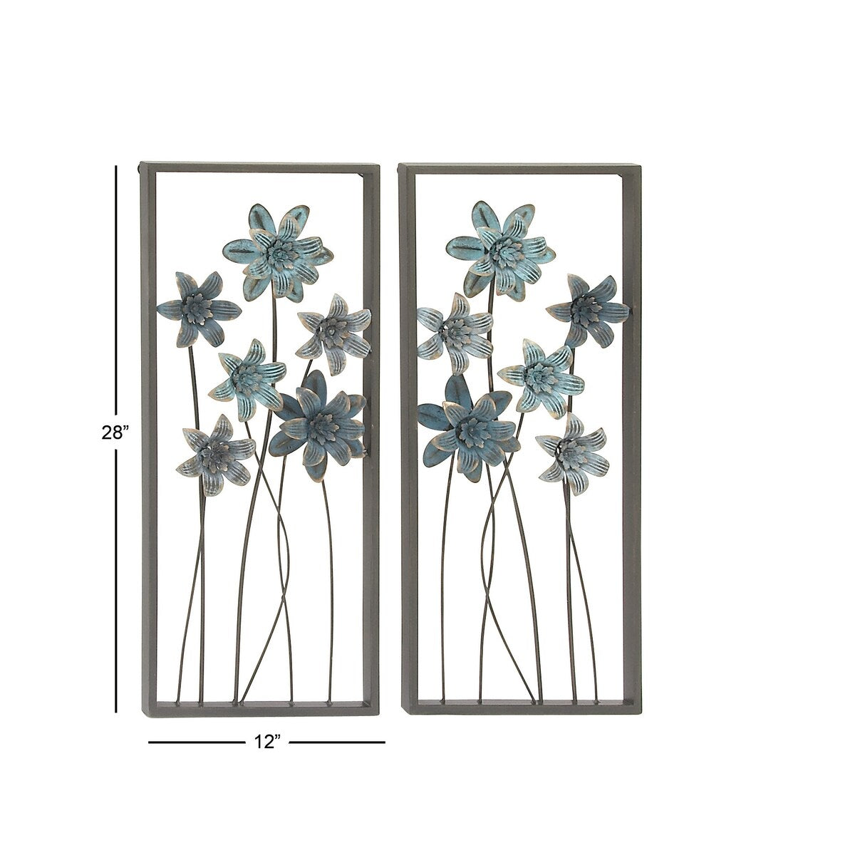 Metal Floral Home Wall Decor with Black Frames and Gold Accents - Set of 2 Teal - Roche River Decor