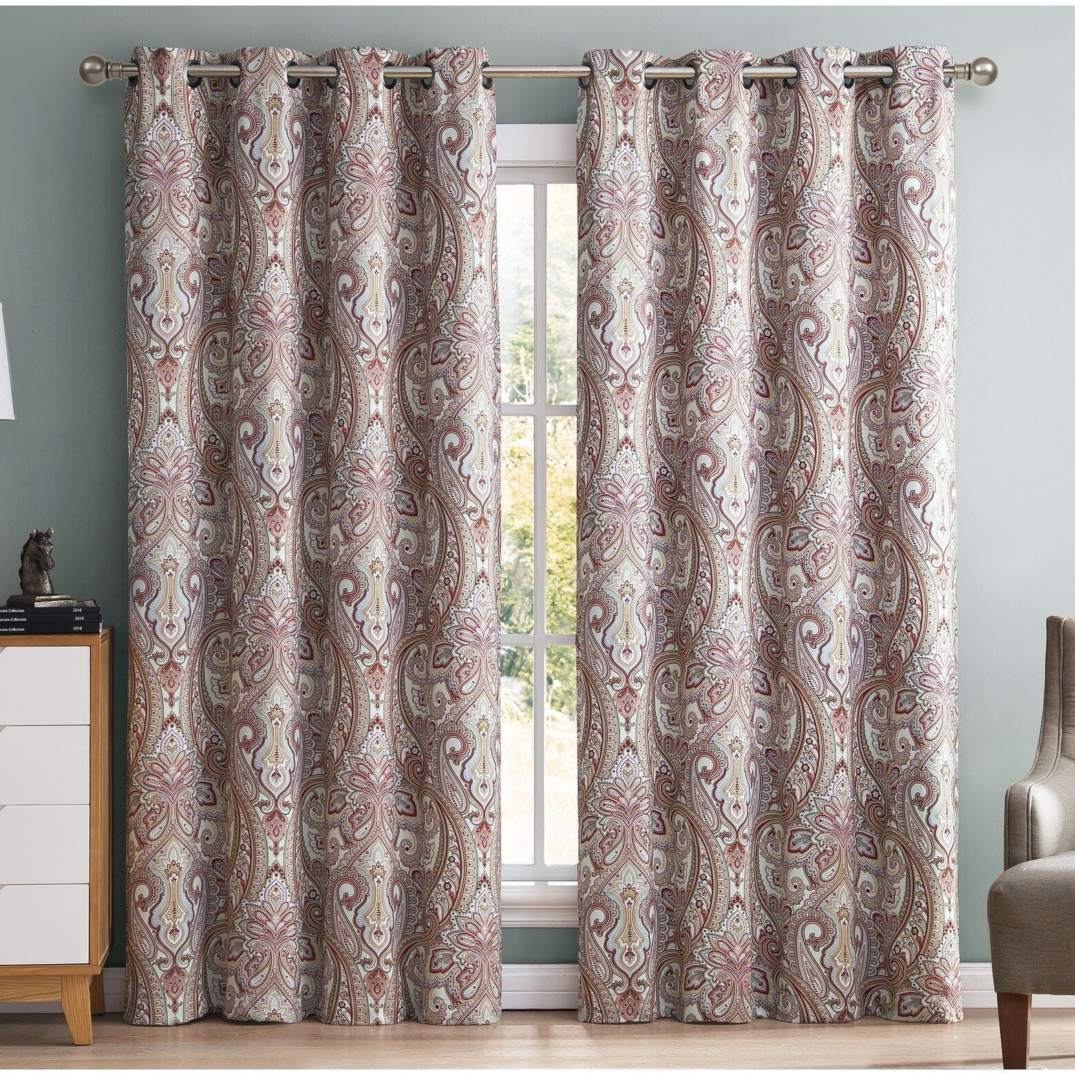 HLC.me Paris Paisley Print Energy Efficient Room Darkening Blackout Grommet Window Curtain Panels - Set of 2