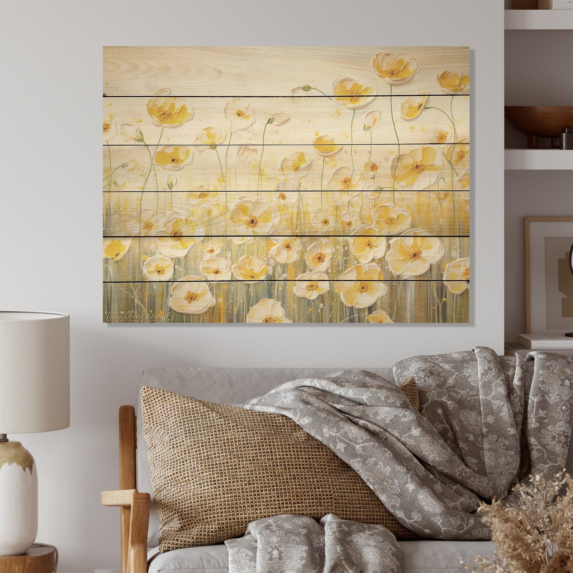 Designart Buttercups Floral Array Field Flower Field Wood Wall Decor - Traditional Wood Panel On Natural Pine Wood