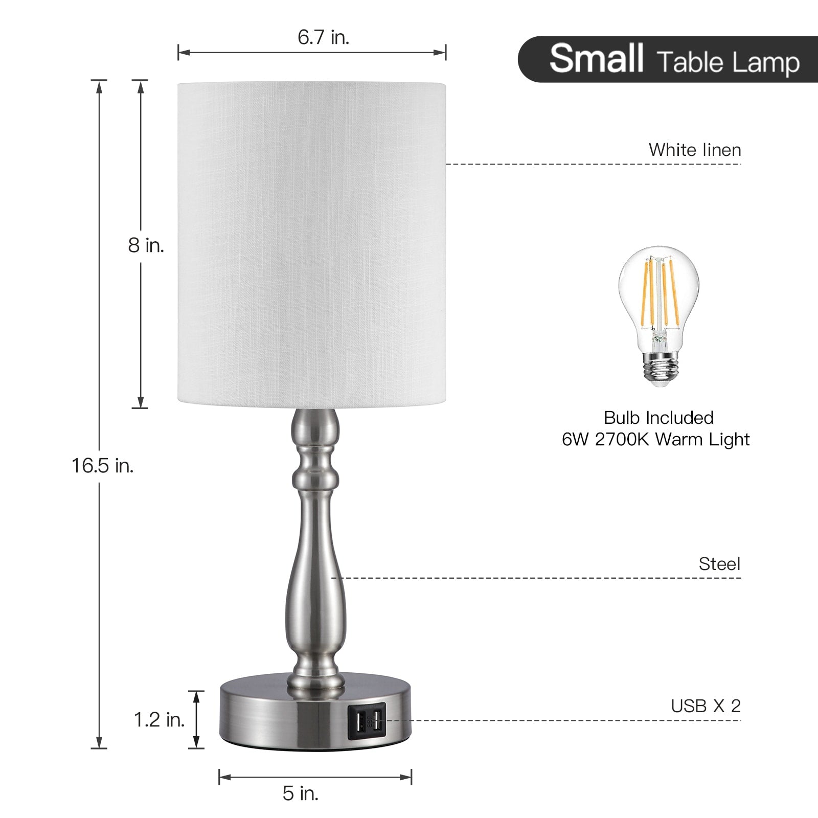 3-Way Dimmable Touch Control Small Table Lamp with 2 USB Port, Brushed Steel