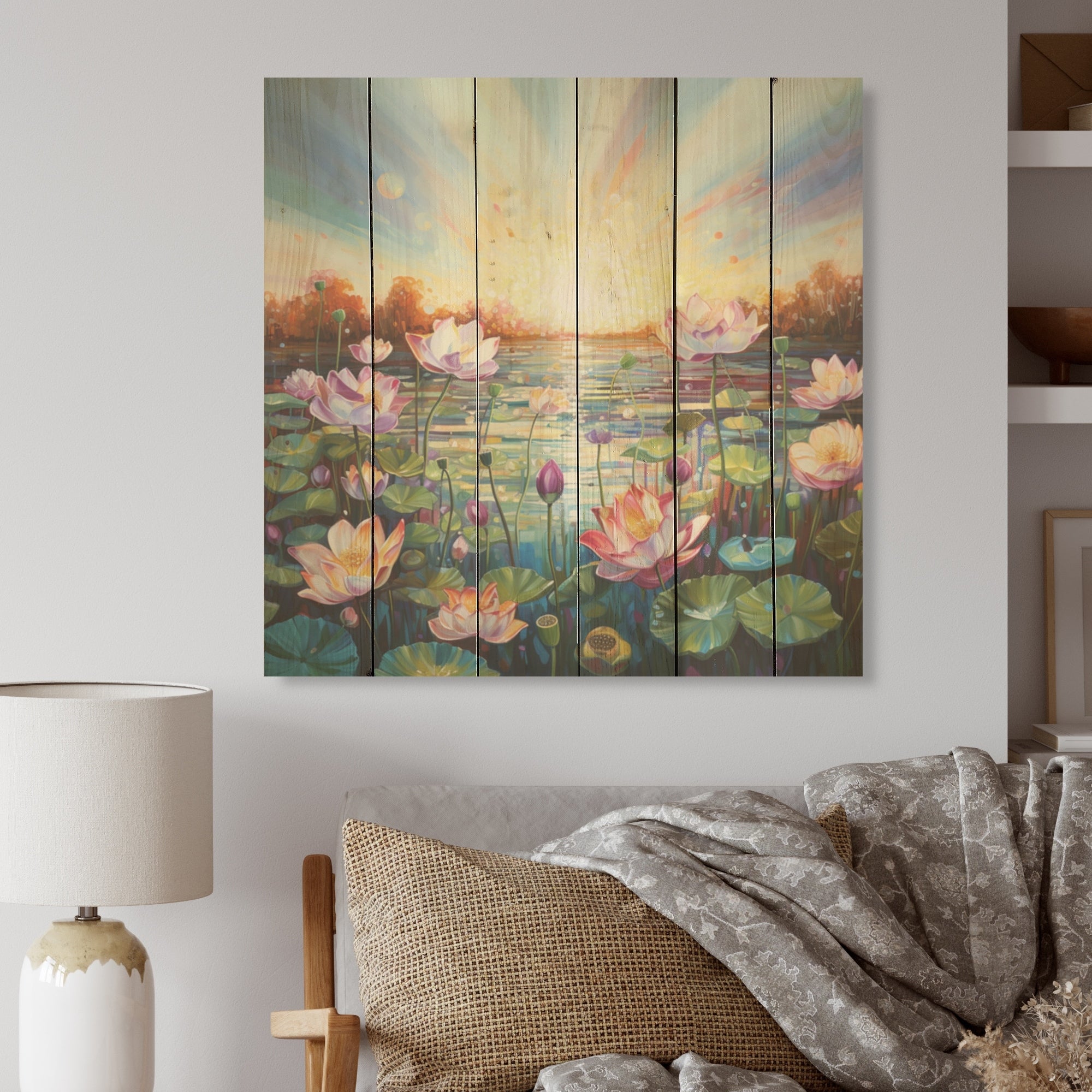 Designart By The Lake Lotus Liquid Art I Lotus Wood Wall Decor - Modern Pink Wood Panel On Natural Pine Wood