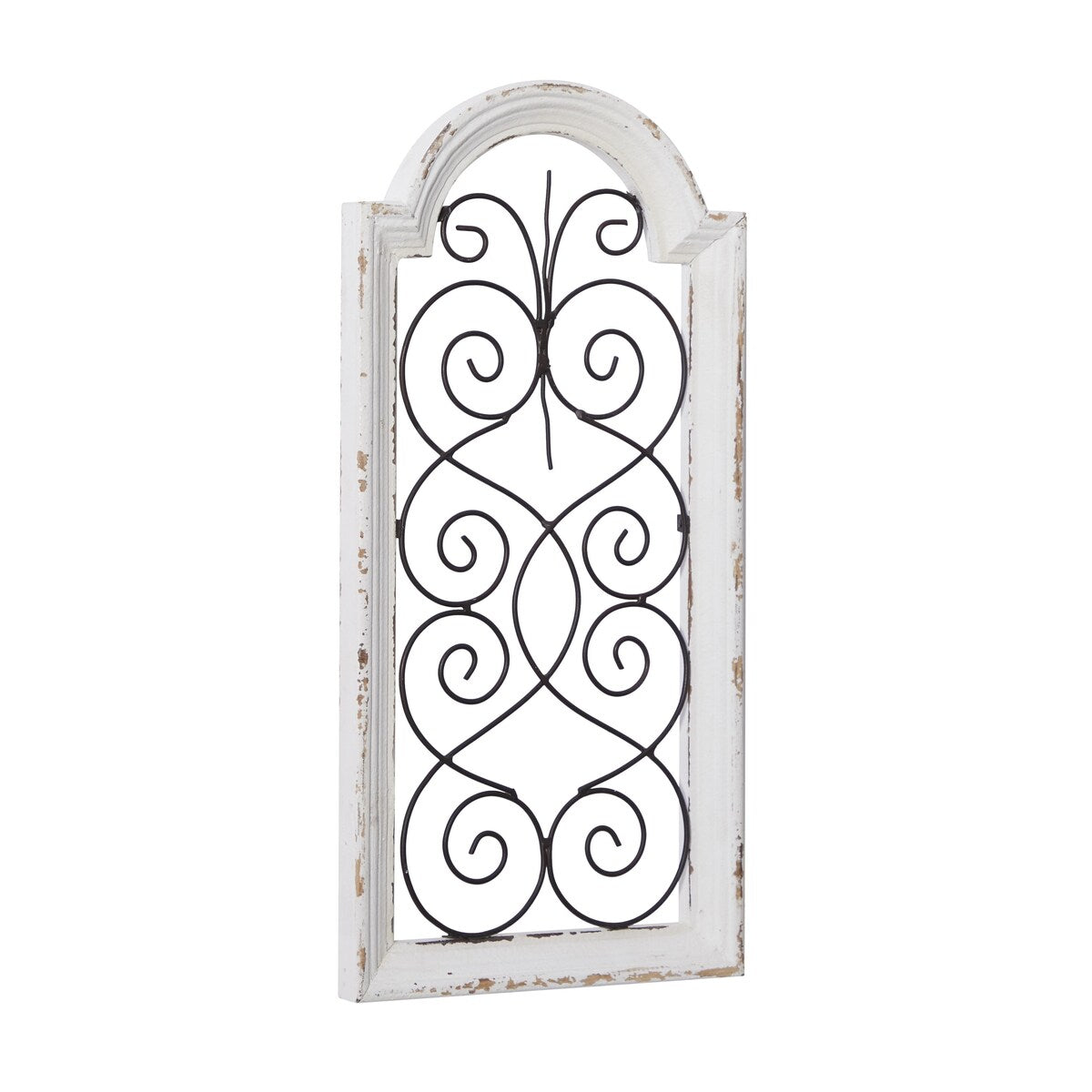 Wood Scroll Arched Window Inspired Home Wall Decor with Metal Scrollwork Relief - White - Roche River Decor