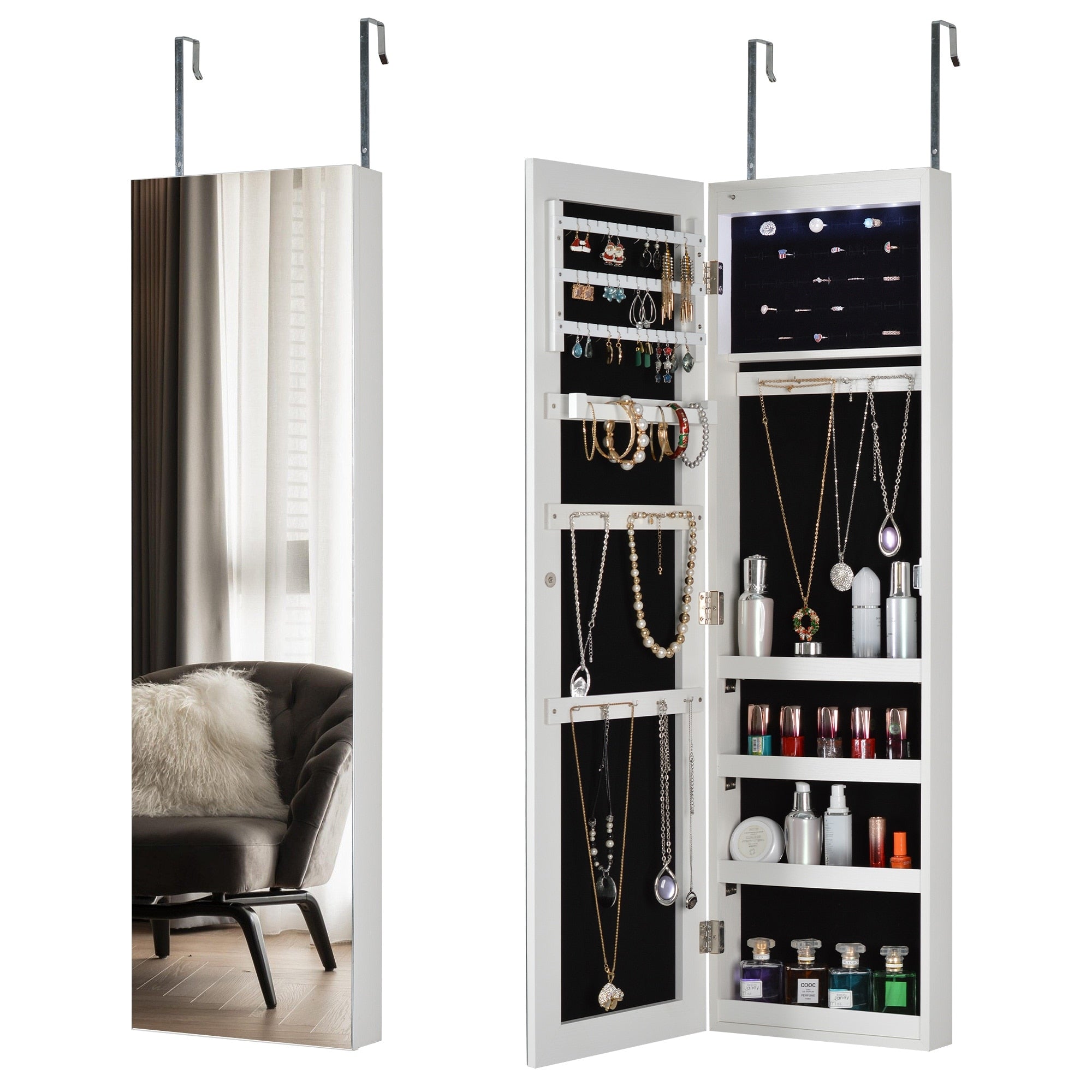 Full Mirror Jewelry Storage Cabinet with LED Light, Wall and Door Mountable