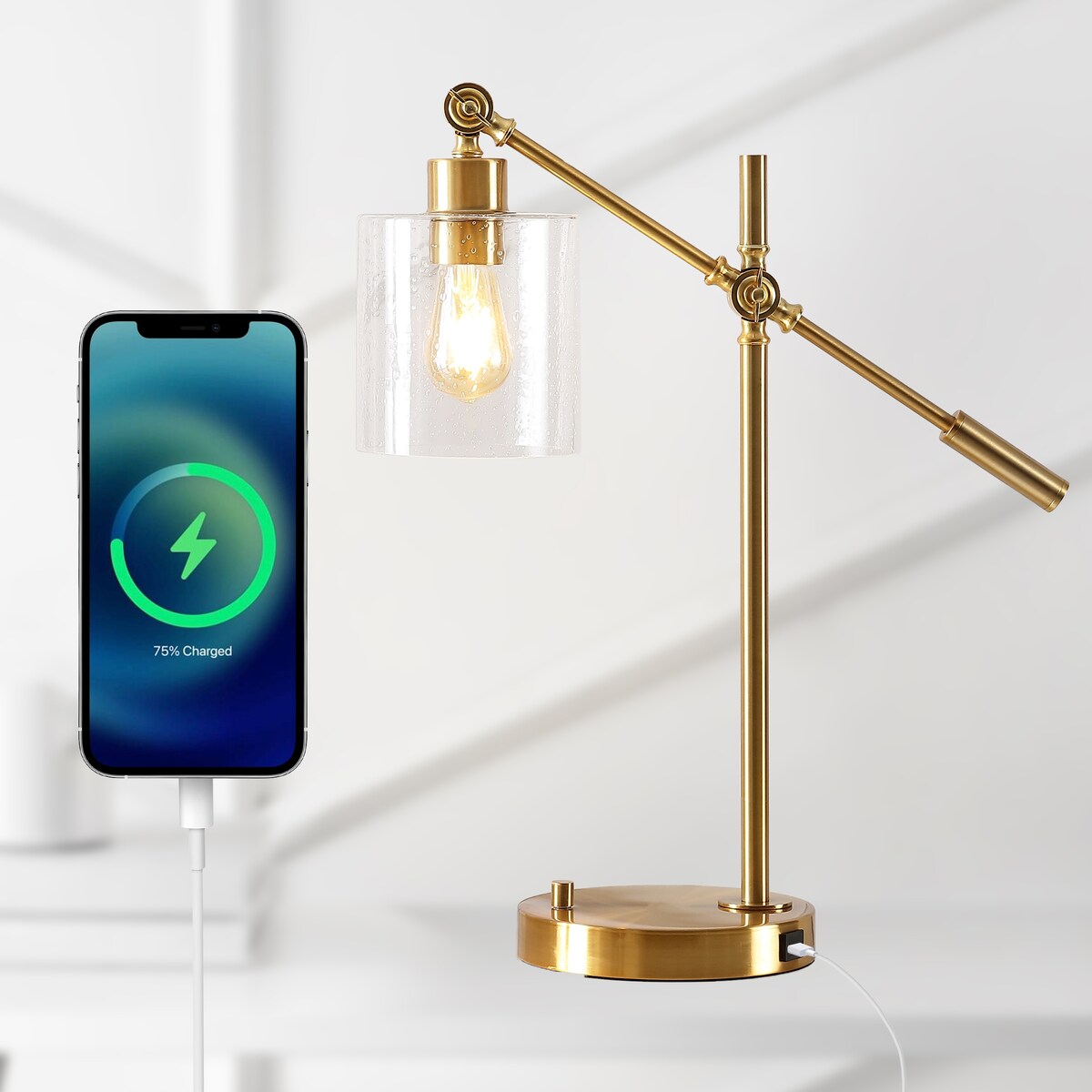 Jason Classic 23 Iron/Seeded Glass Adjustable Head Modern USB Charging LED Task Lamp, Brass Gold by JONATHAN Y - 1 Bulb