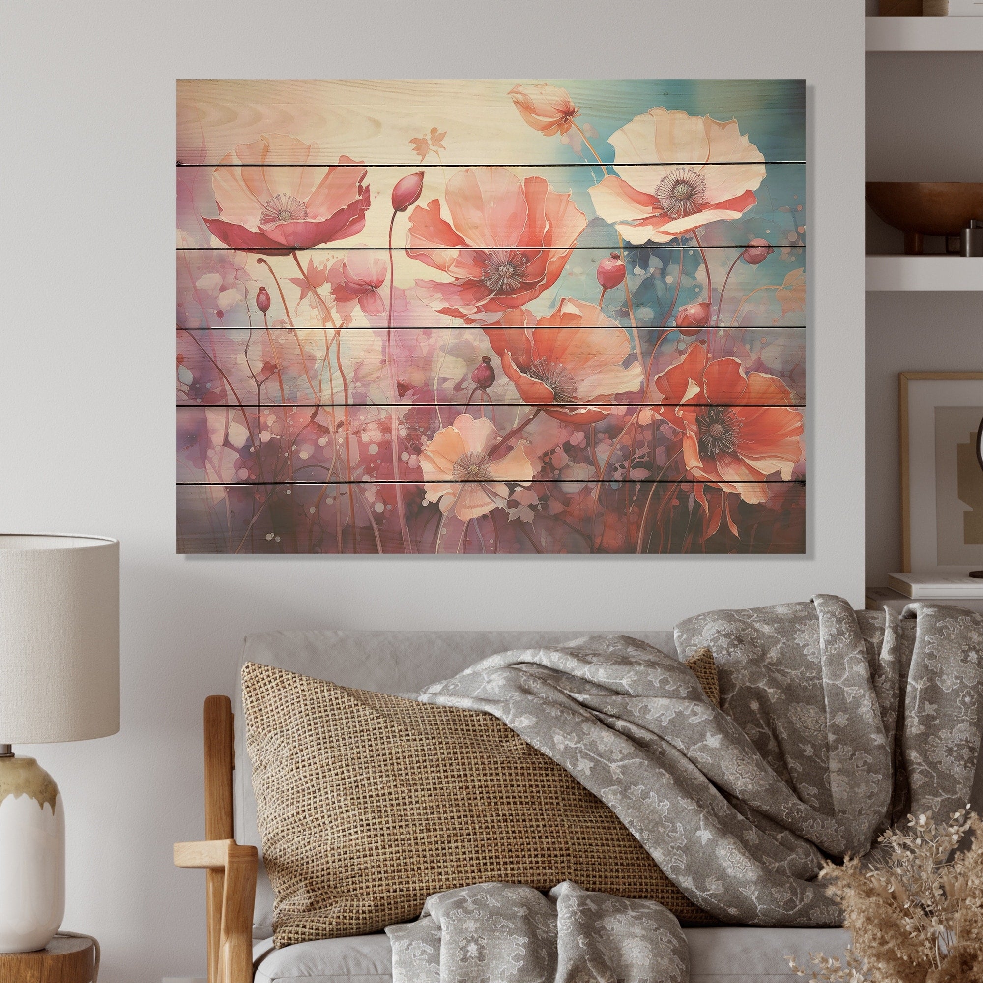 Designart Pink Crimson Flower Meadow Field IX Flower Wood Wall Decor Traditional Pink Wood Panel On Natural Pine Wood