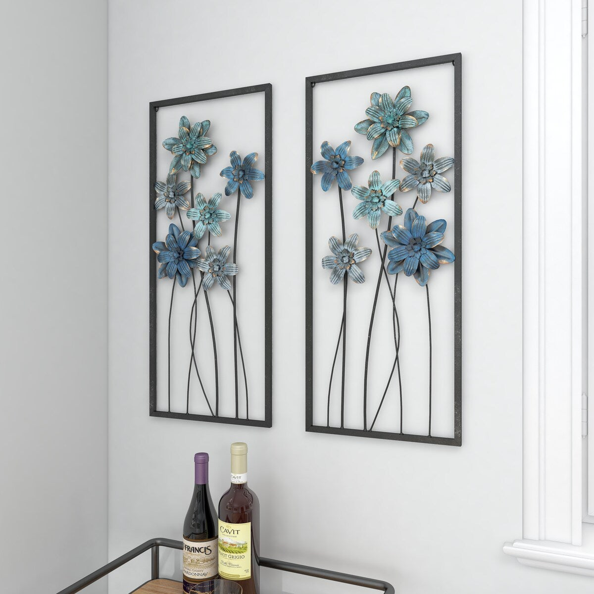 Metal Floral Home Wall Decor with Black Frames and Gold Accents - Set of 2 Teal - Roche River Decor