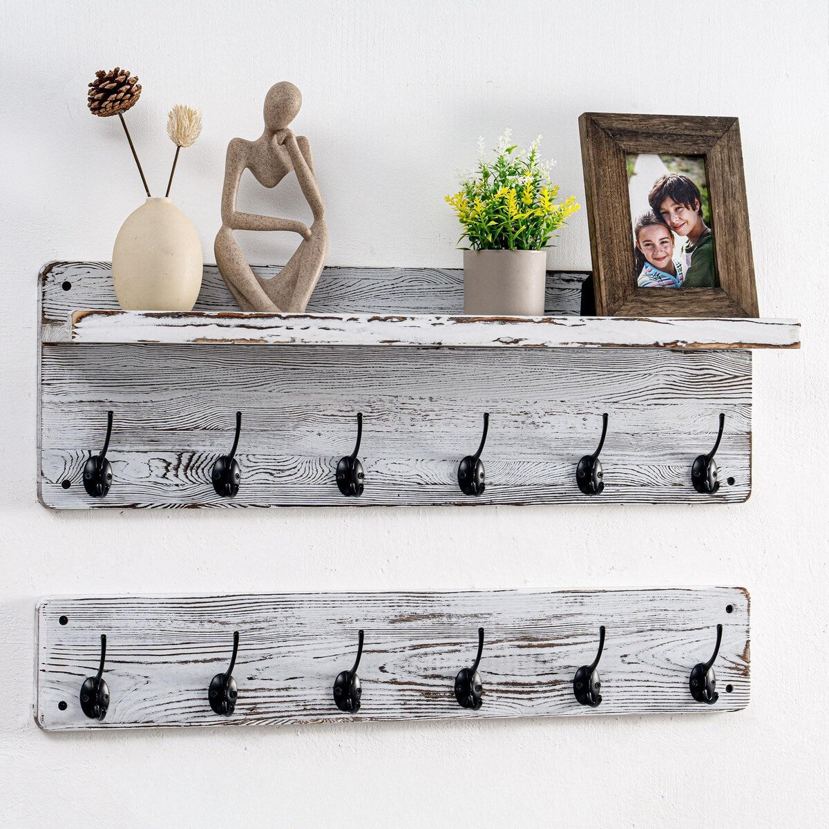 Solid Wood Wall 12 - Hook Coat Rack with Shelf