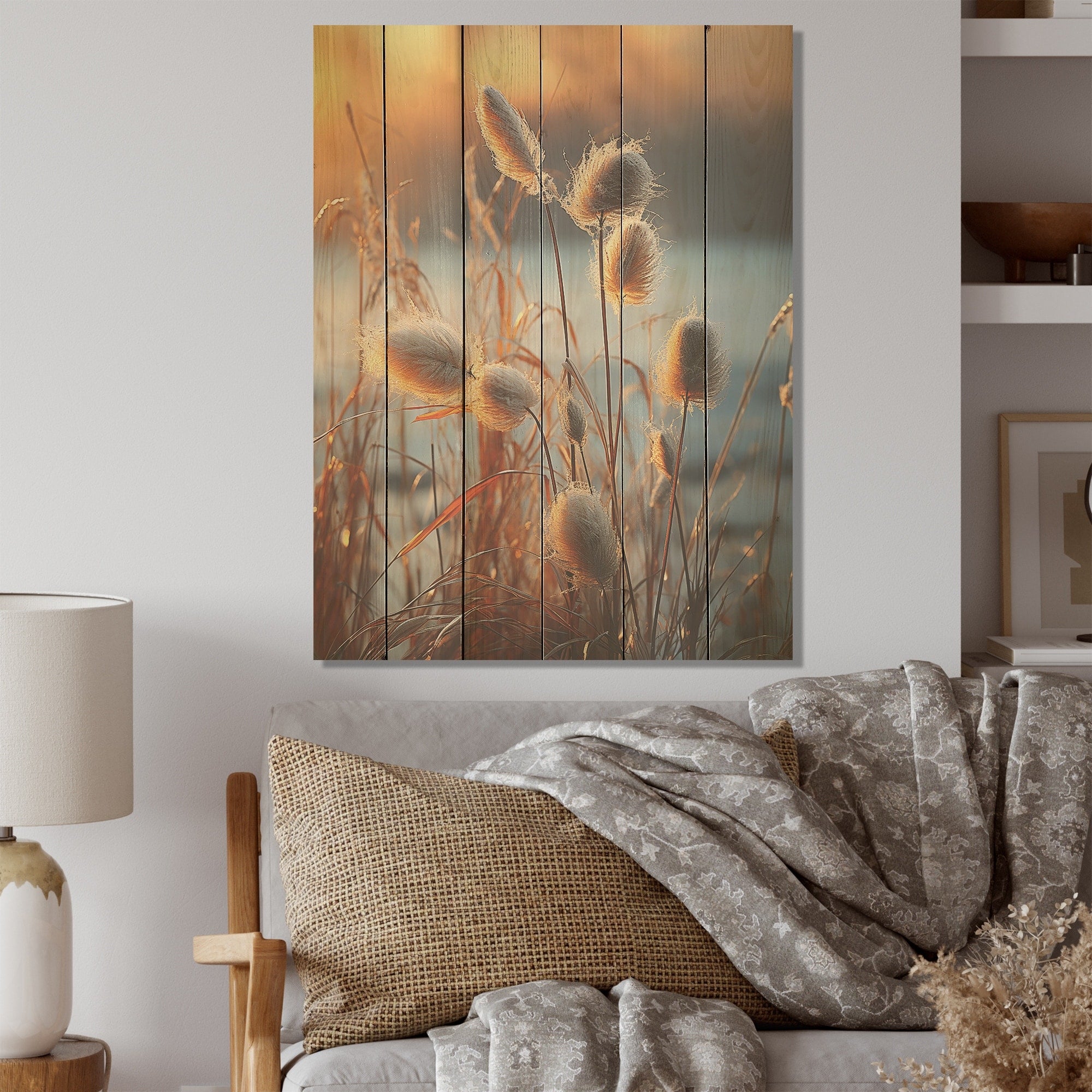 Designart Beachgrass Sunset Nature Herbs I Herbs Wood Wall Decor - Traditional Beige Wood Panel On Natural Pine Wood