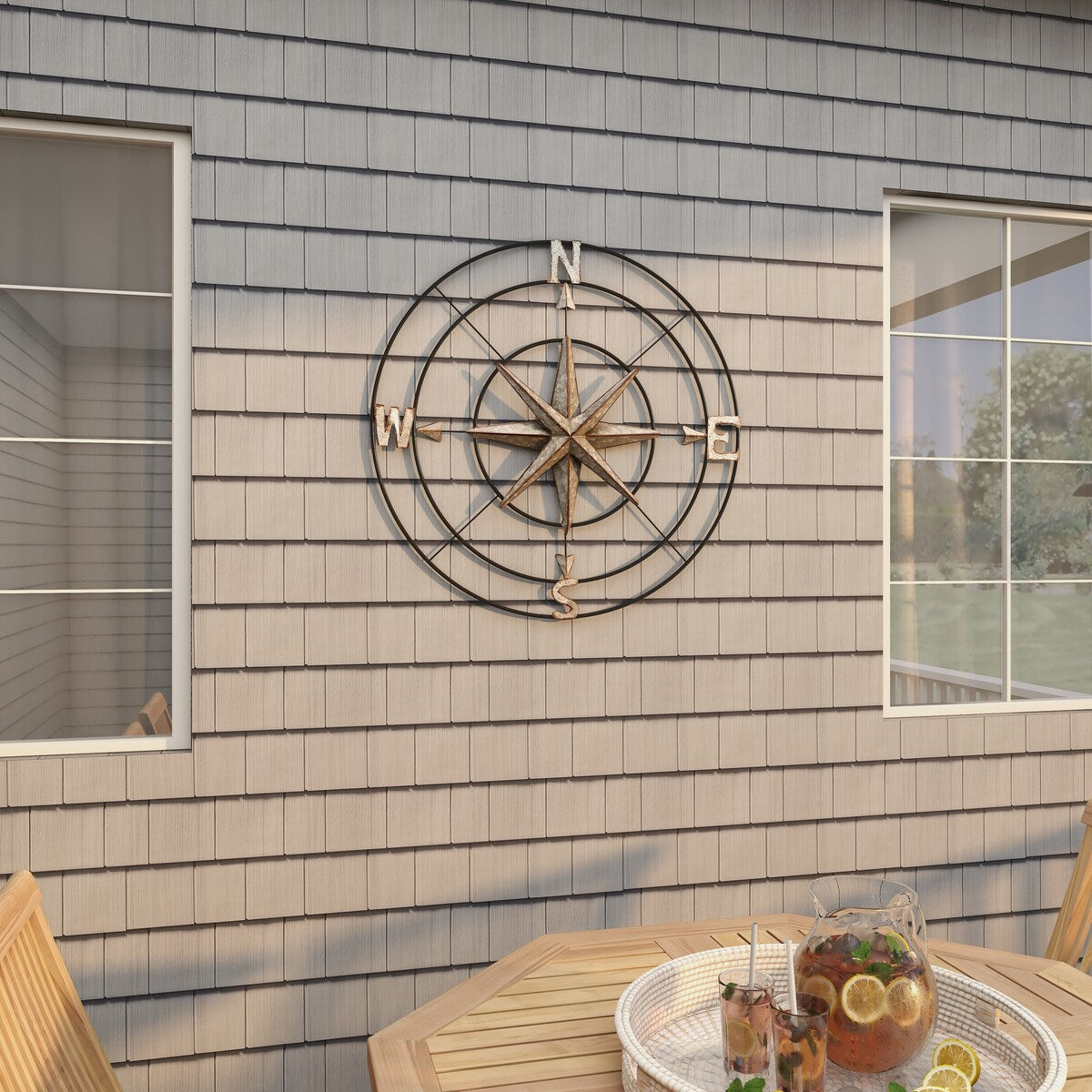 Metal Compass Indoor Outdoor Home Wall Decor with Distressed Copper Like Finish - Gray - Roche River Decor