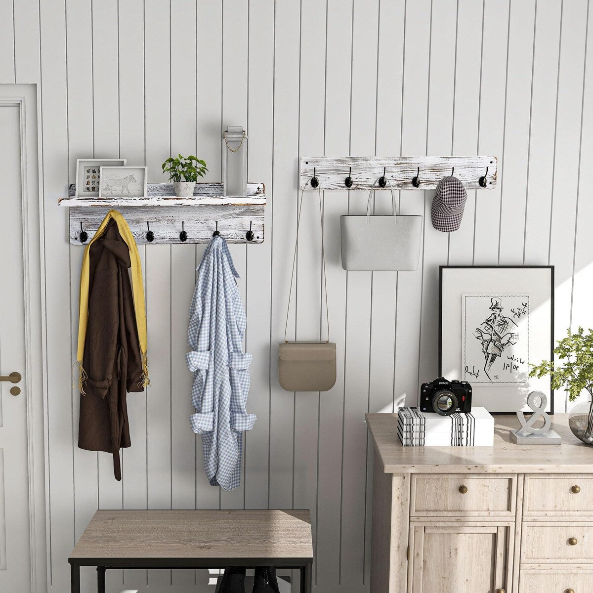 Solid Wood Wall 12 - Hook Coat Rack with Shelf