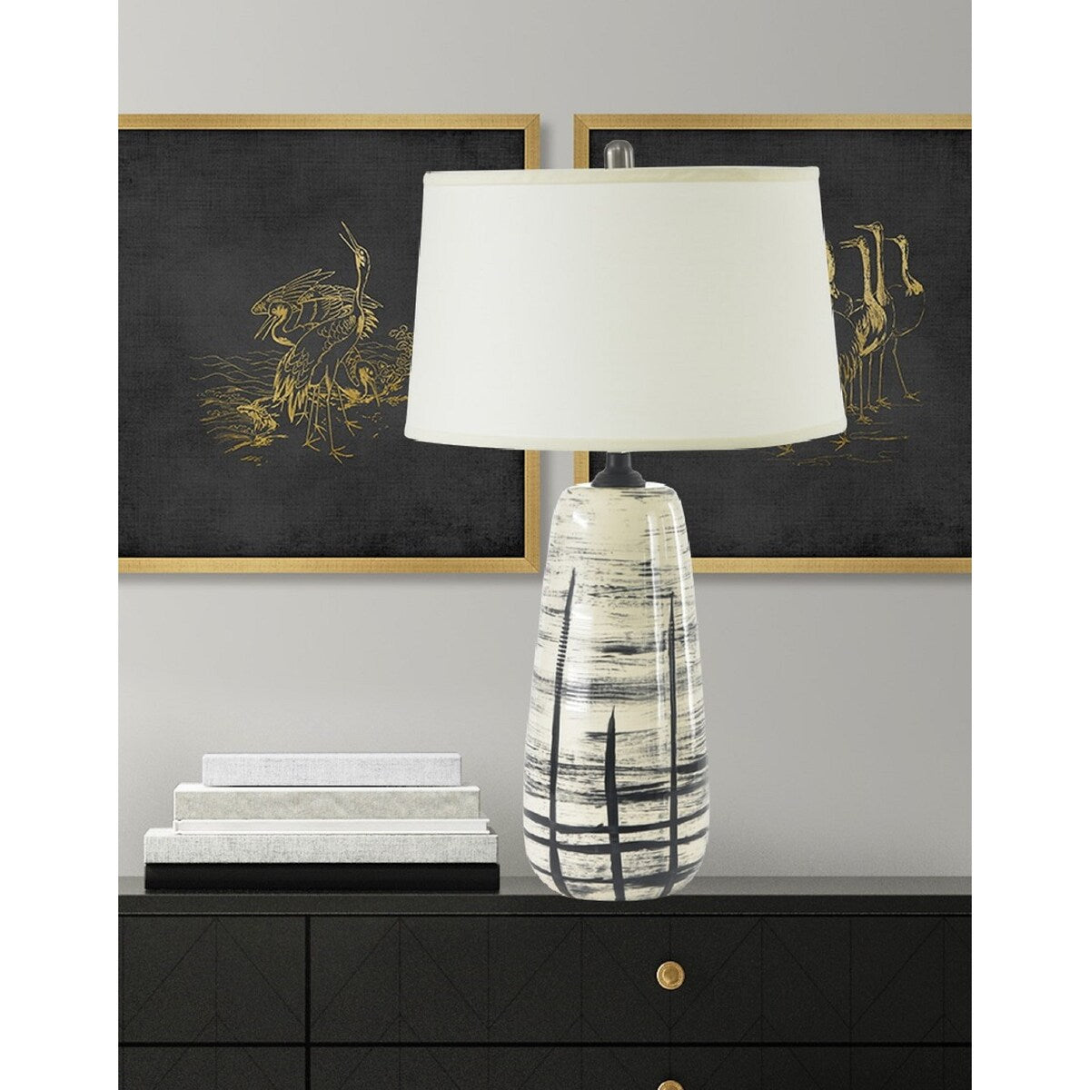 Primitive 29 in. White with Brushed Black Designs Transitional Modern Bedside Ceramic Table Lamp