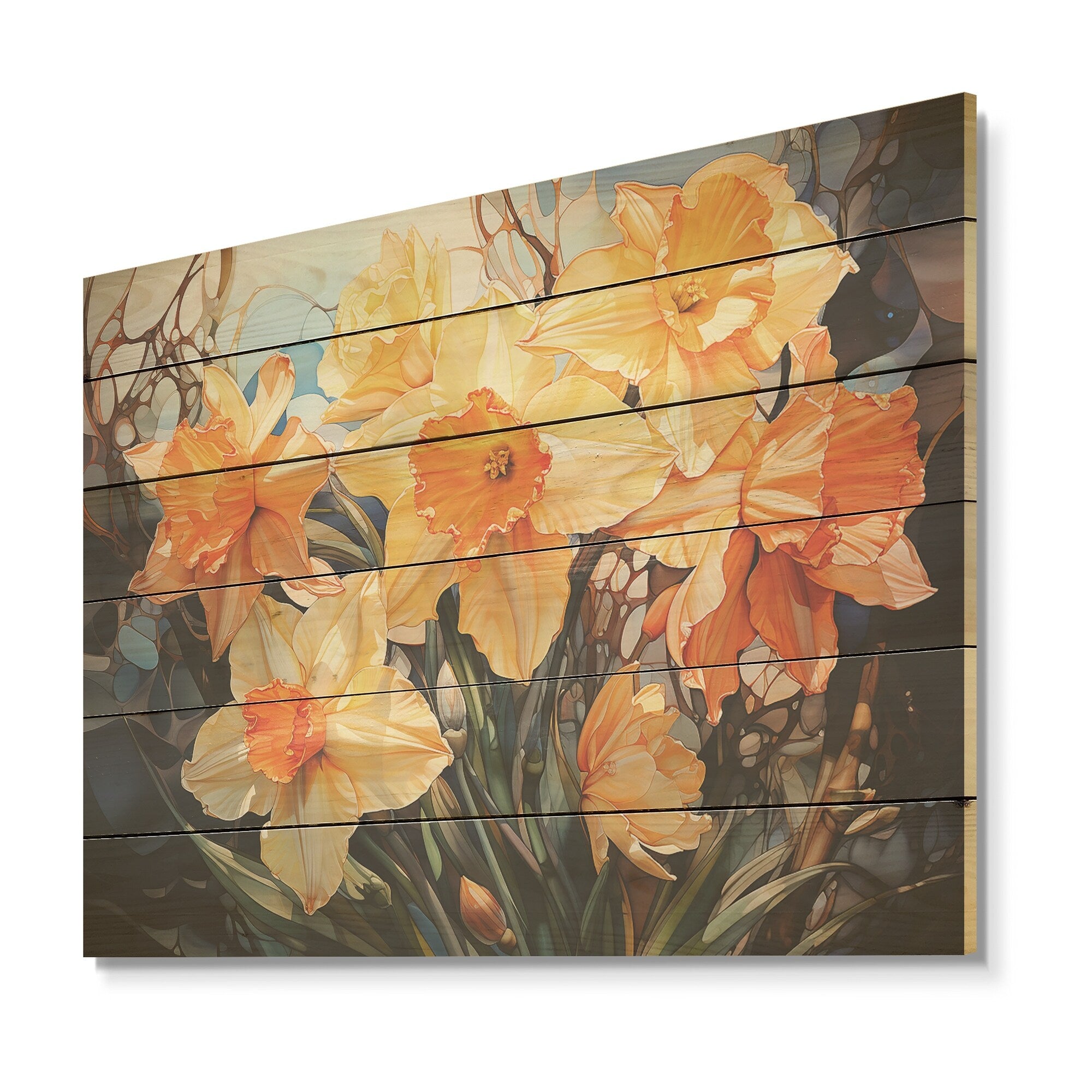 Designart Orange Daffodils Efflorescence Daffodils Wood Wall Decor Traditional Beige Wood Panel On Natural Pine Wood