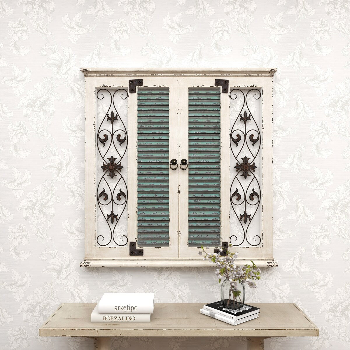 Wooden Scroll Window Shutter Home Wall Decor with Metal Scrollwork Relief - Beige - Roche River Decor