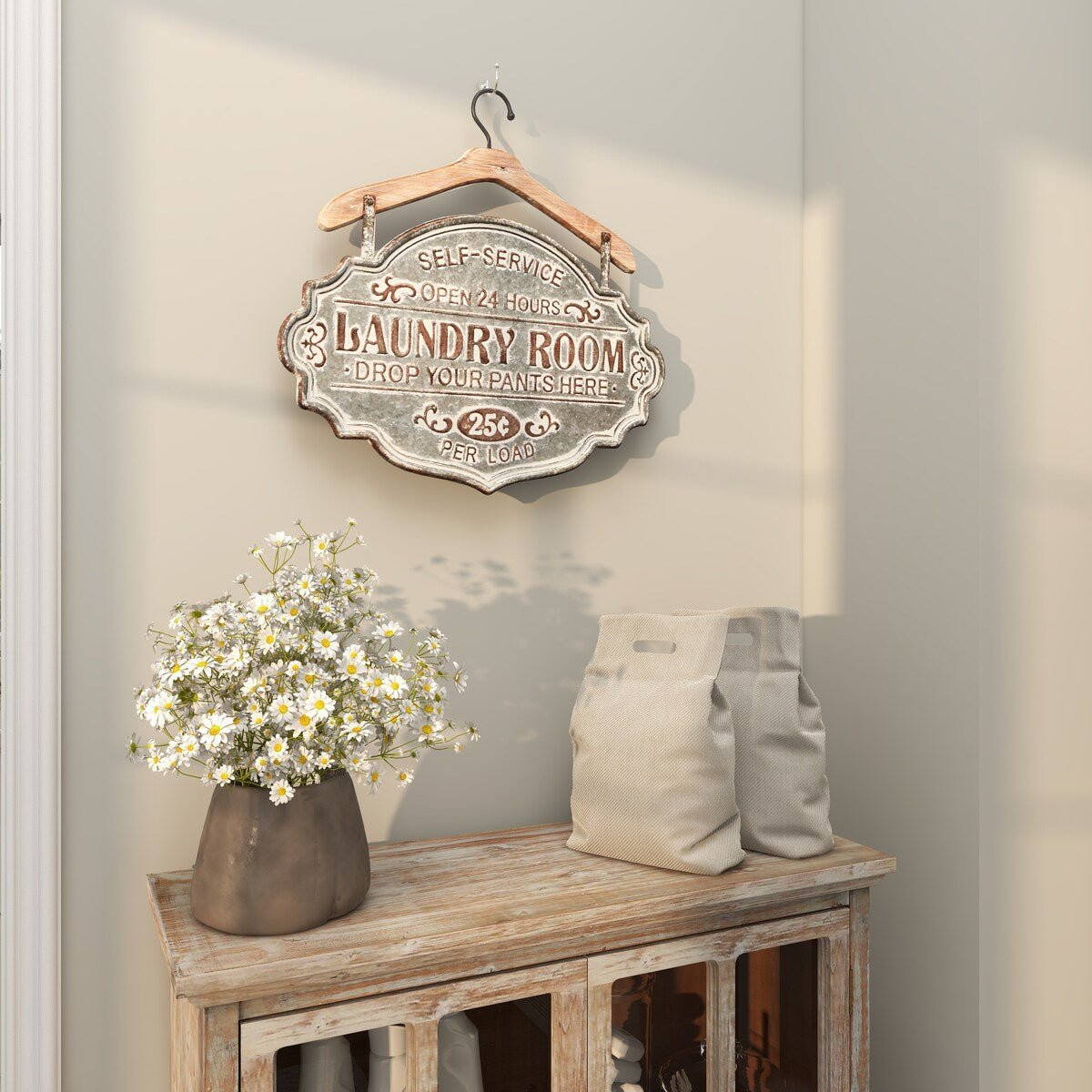 Metal Sign Laundry Room Home Wall Decor with Brown Wood Hanger - Gray - Roche River Decor