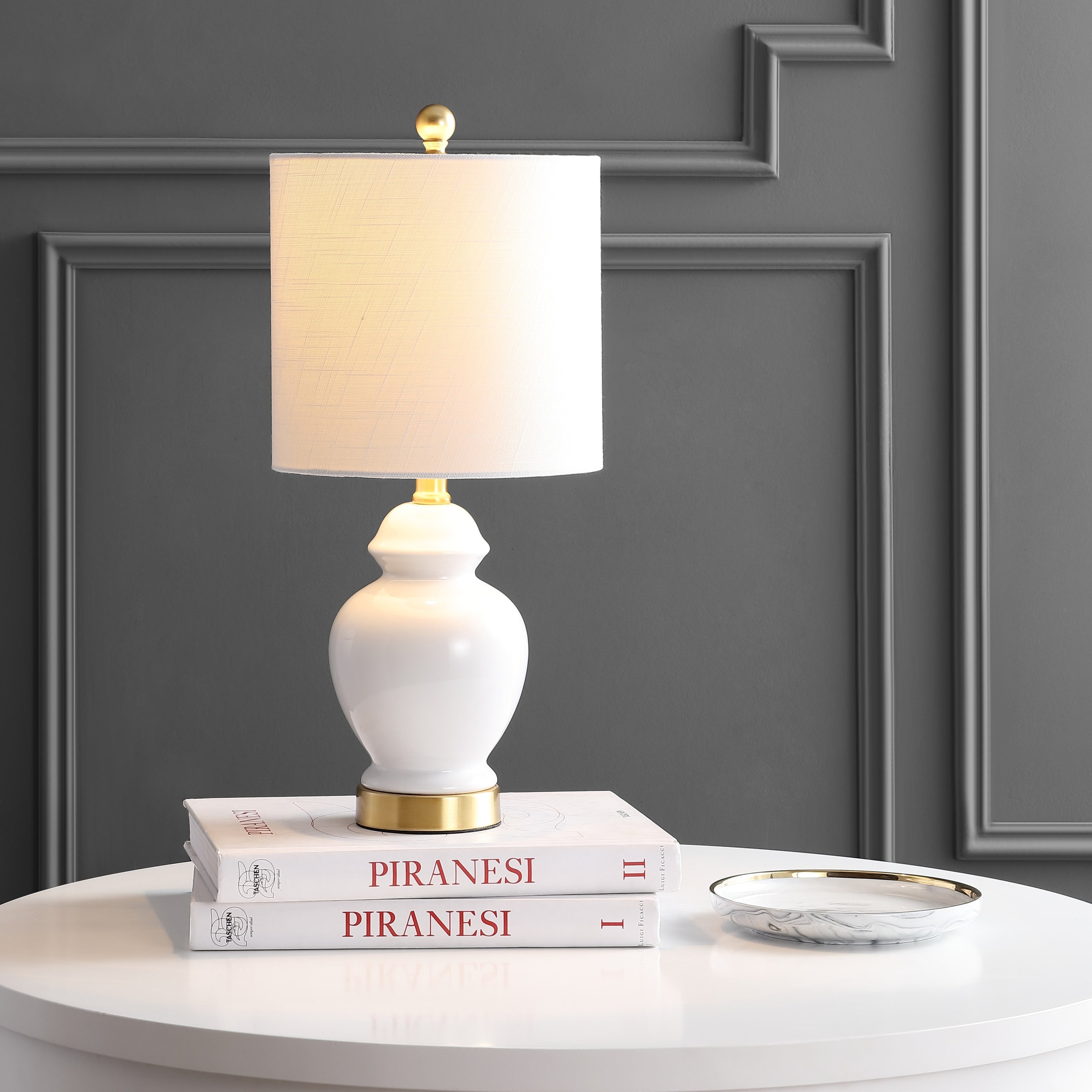 Perry 20 Ceramic/Metal LED Table Lamp, White/Brass Gold by JONATHAN Y