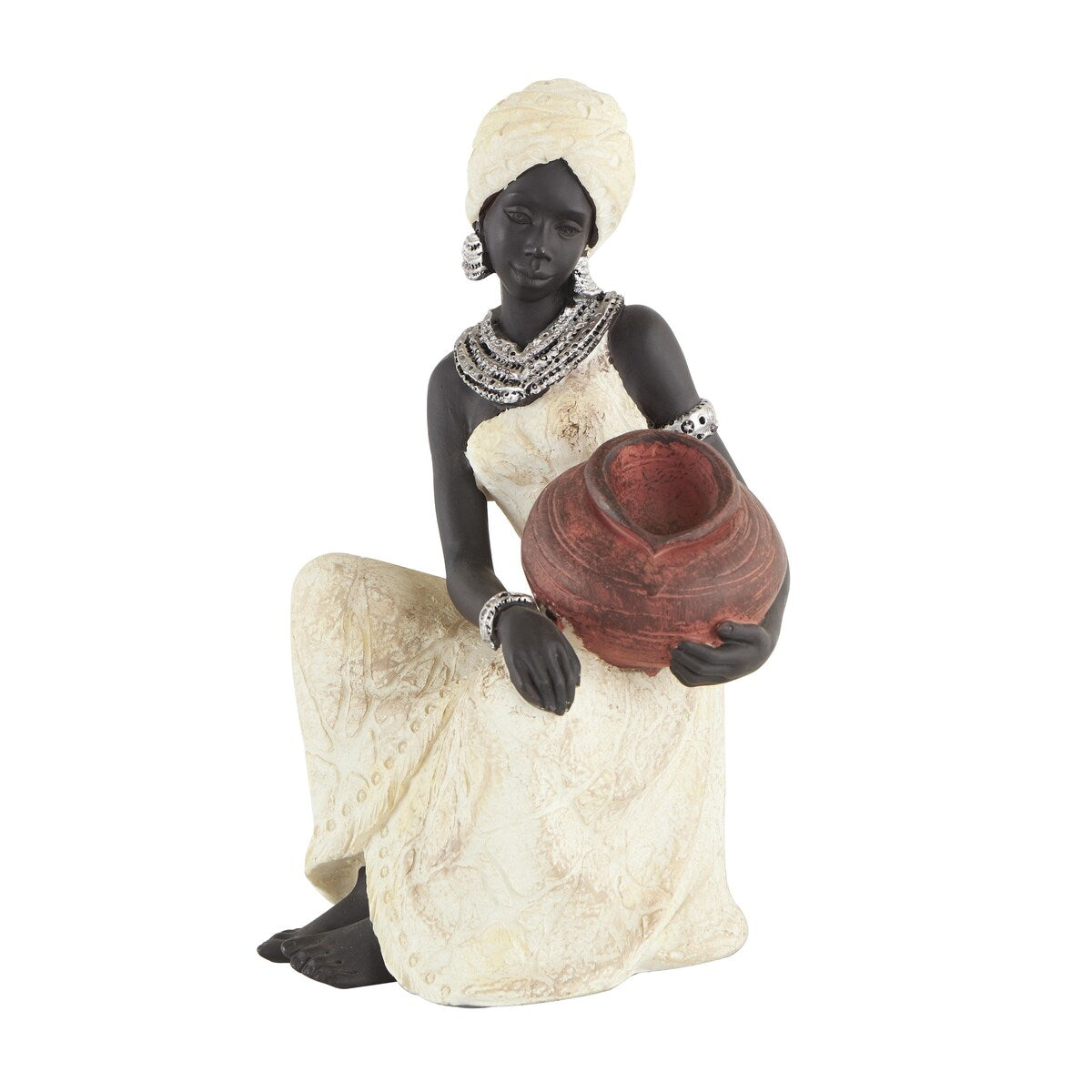 Polystone Woman Sitting African Decorative Sculpture with Red Water Pot - Cream - Roche River Decor