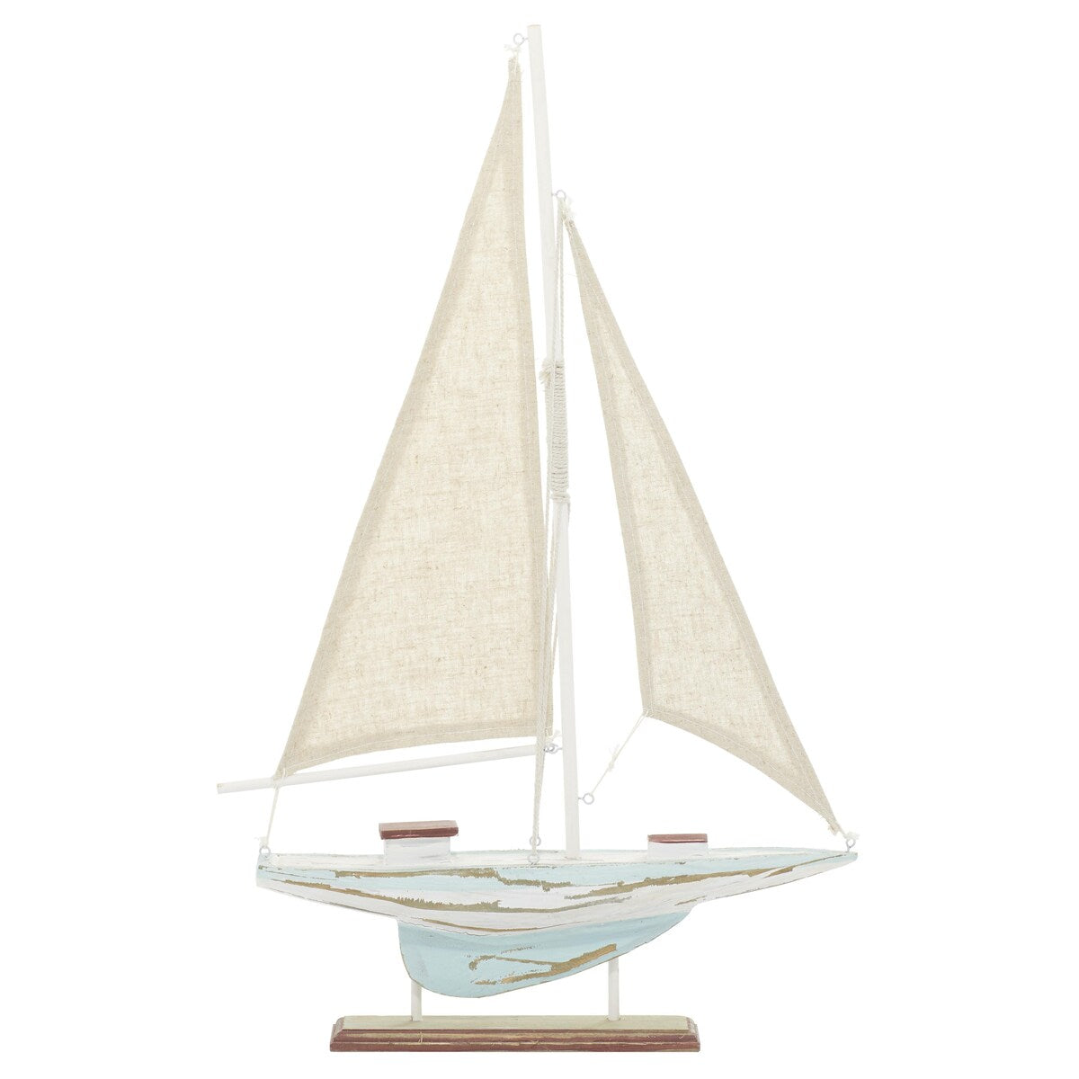 Wood Sail Boat Distressed Decorative Sculpture with Cream Linen Sails and Brown Accents - Blue - Roche River Decor