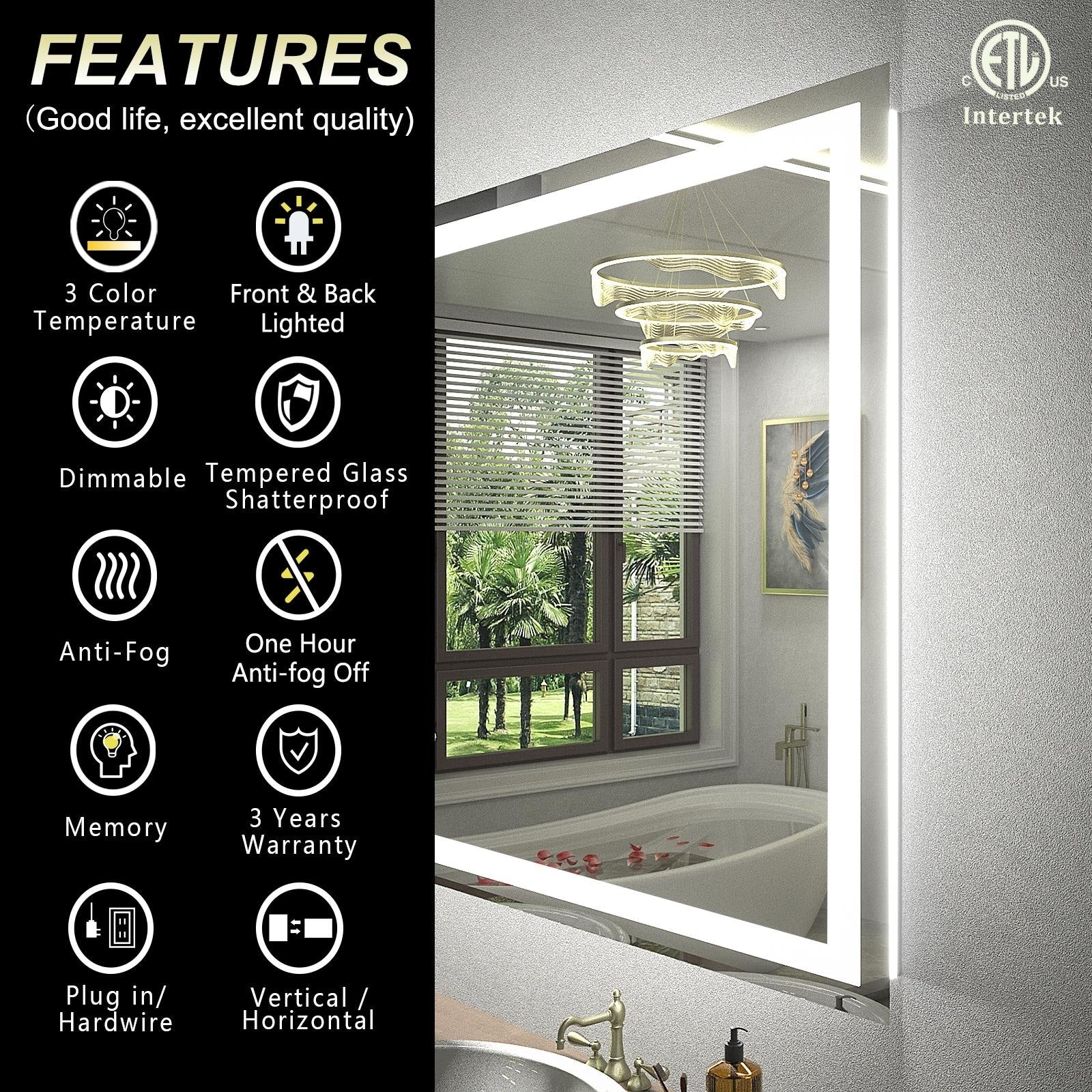 Apmir Full Size Frameless Front and Back LED Lighted Bathroom Vanity Mirror Anti-Fog in Tempered Glass & ETL