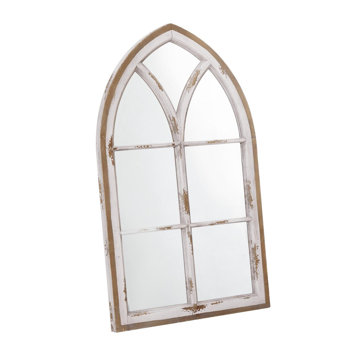 Wood Window Pane Inspired Room Wall Mirror with Arched Top and Distressing - White - Roche River Decor