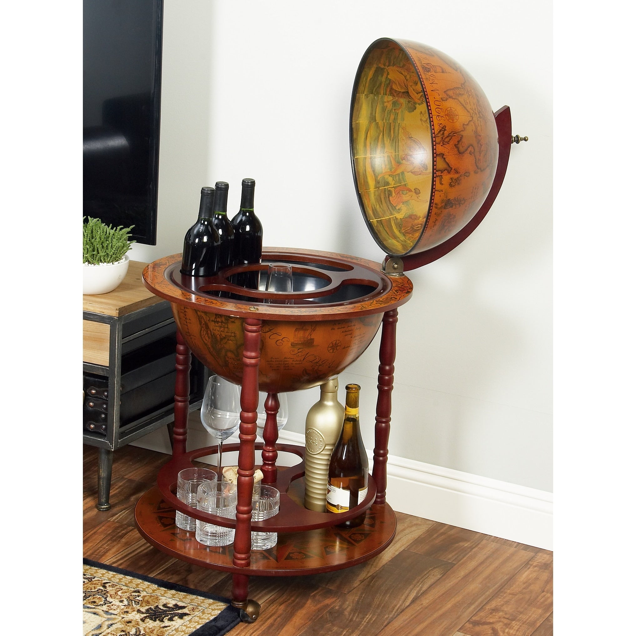 Brown Wood Traditional Wine Storage Glass Globe Cabinet Bar - 22 x 22 x 37