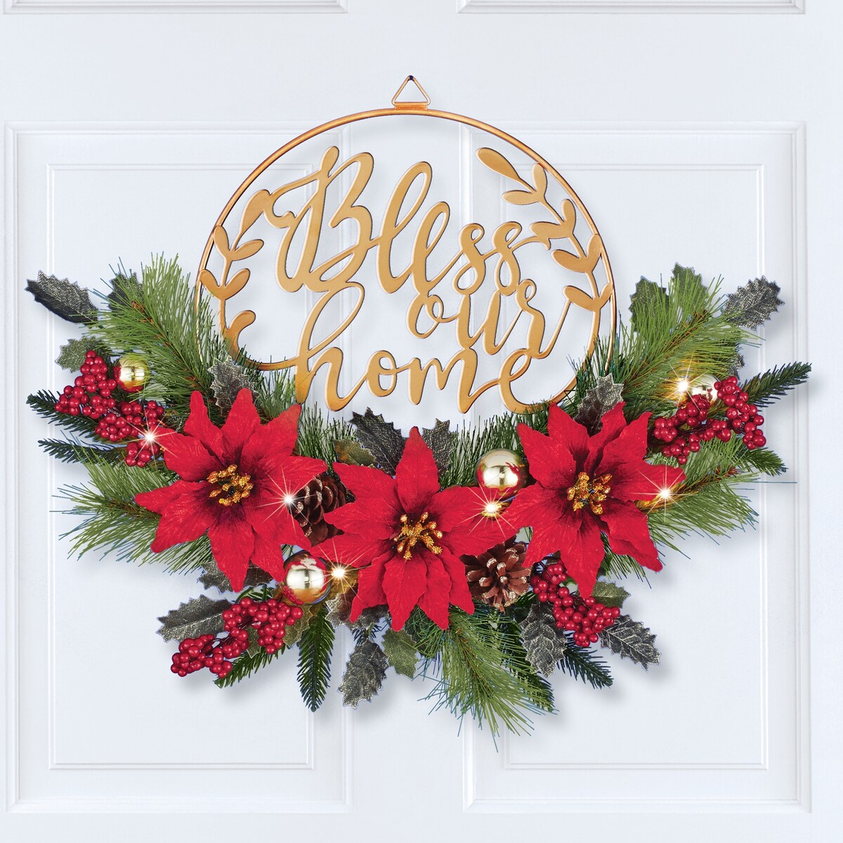 Bless our Home Gold-Tone Metal Door Wreath with Poinsettias - 21 x 15 x 6