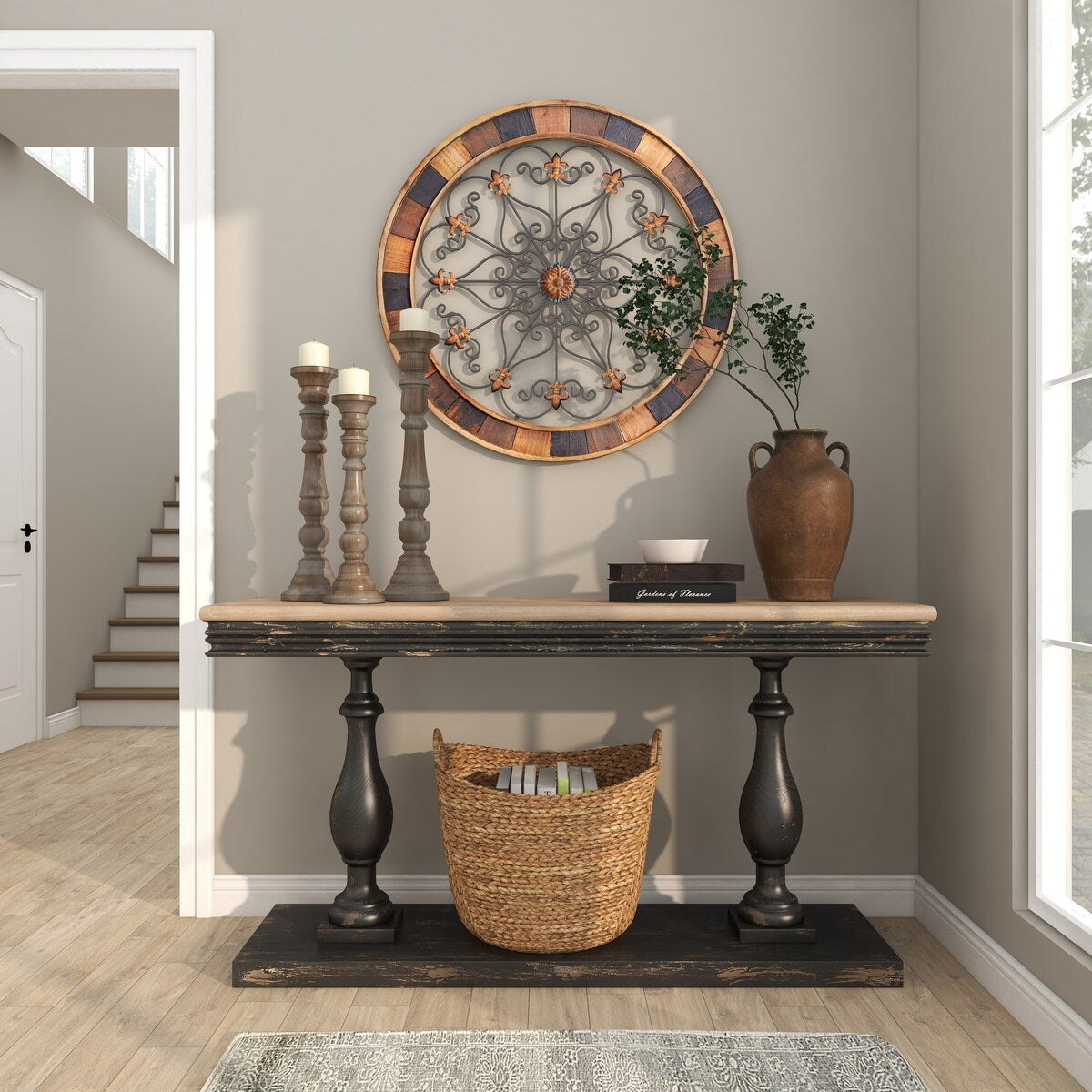 Wood Scroll Medallion Home Wall Decor with Metal Fleur-De-Lis Detail - Brown - Roche River Decor