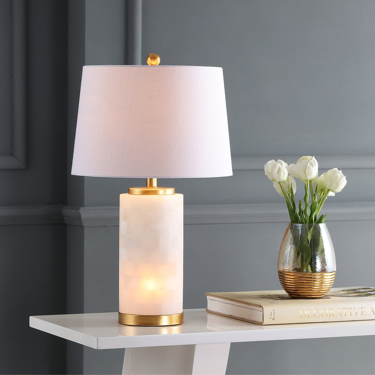 Versailles 25.5 Alabaster LED Table Lamp, White/Gold Leaf by JONATHAN Y