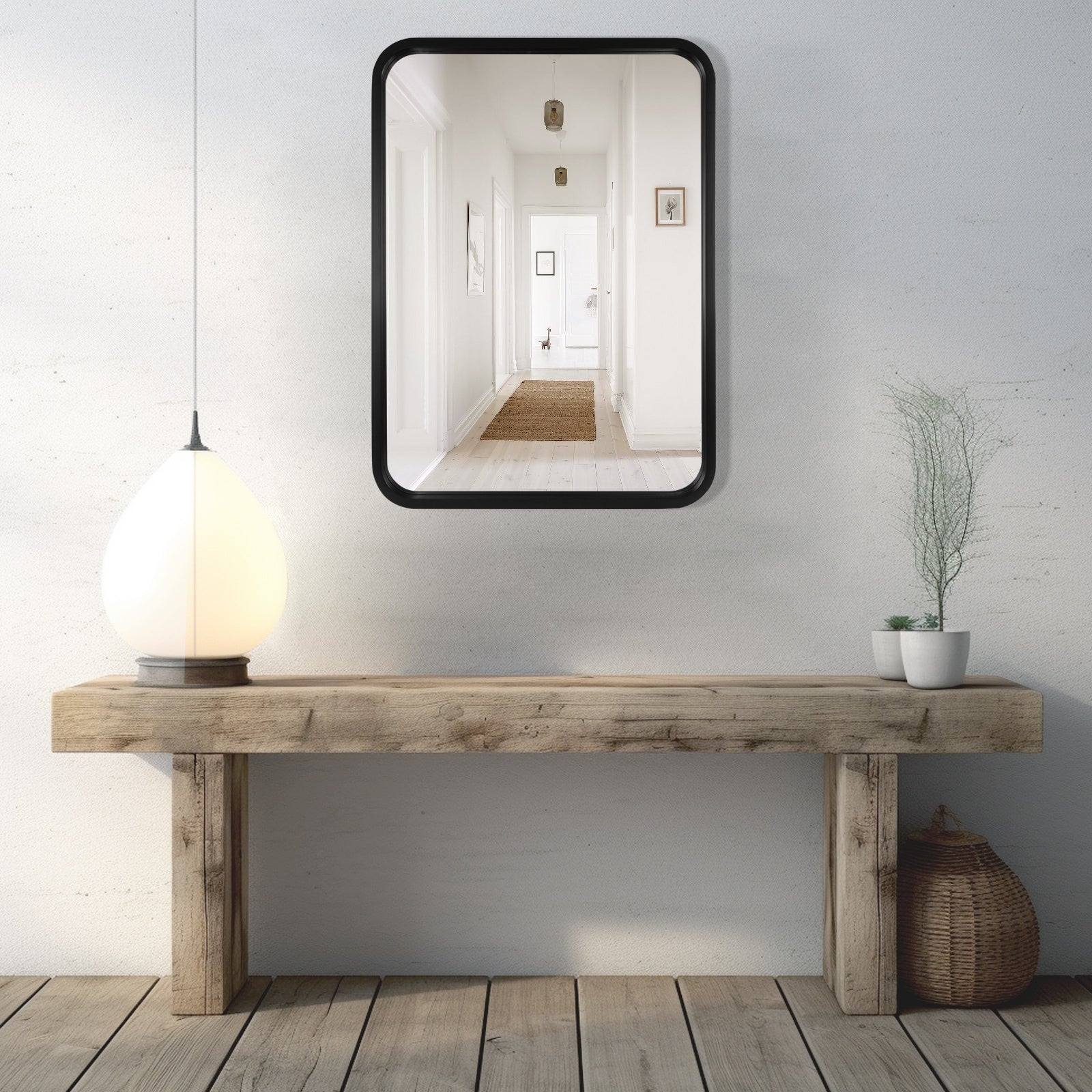 Solid Wood Frame Round Corner Rectangle Farmhouse Wall Mirror