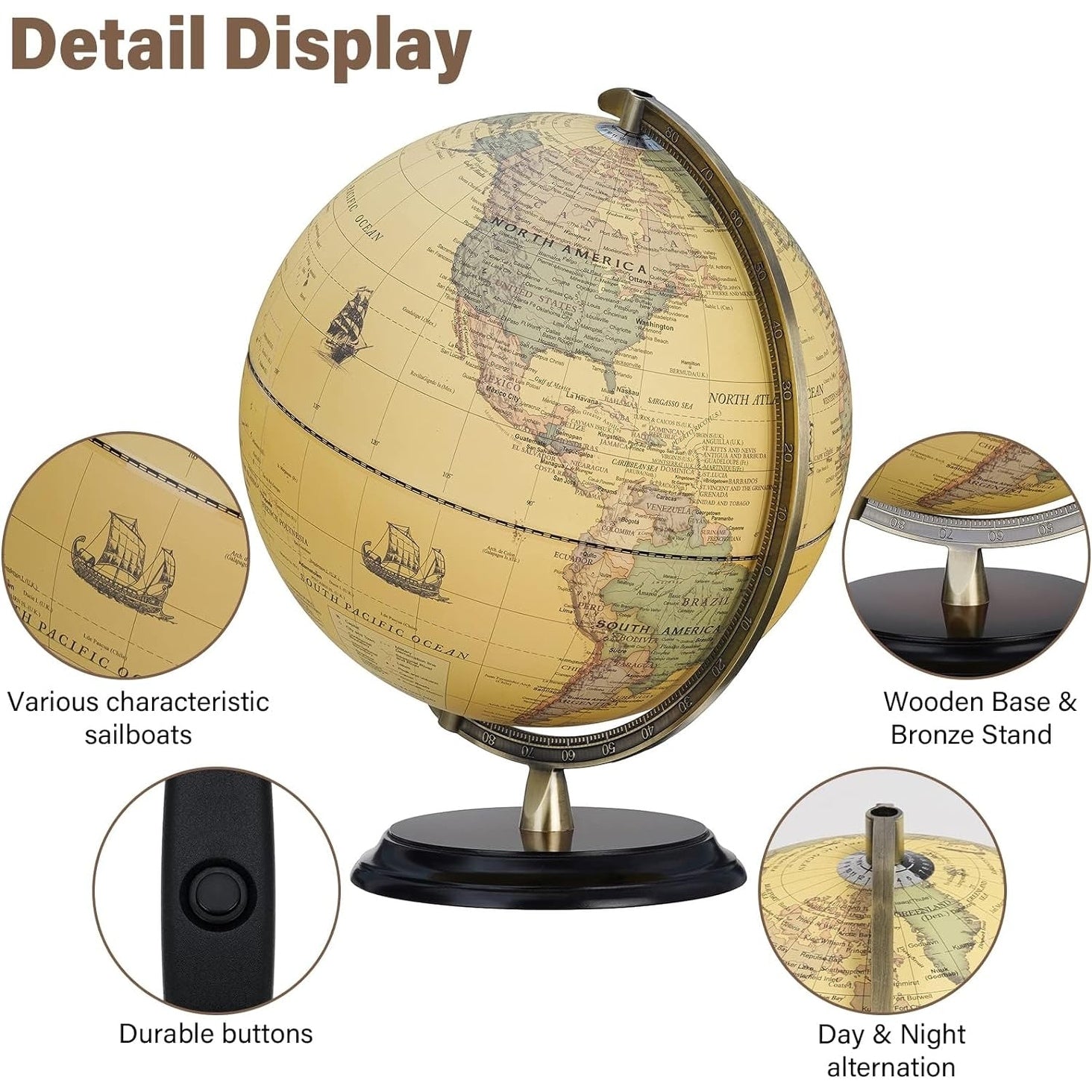 BSHAPPLUS 12 Led Illuminated World Globe Vintage World Globe with Stand Yellow