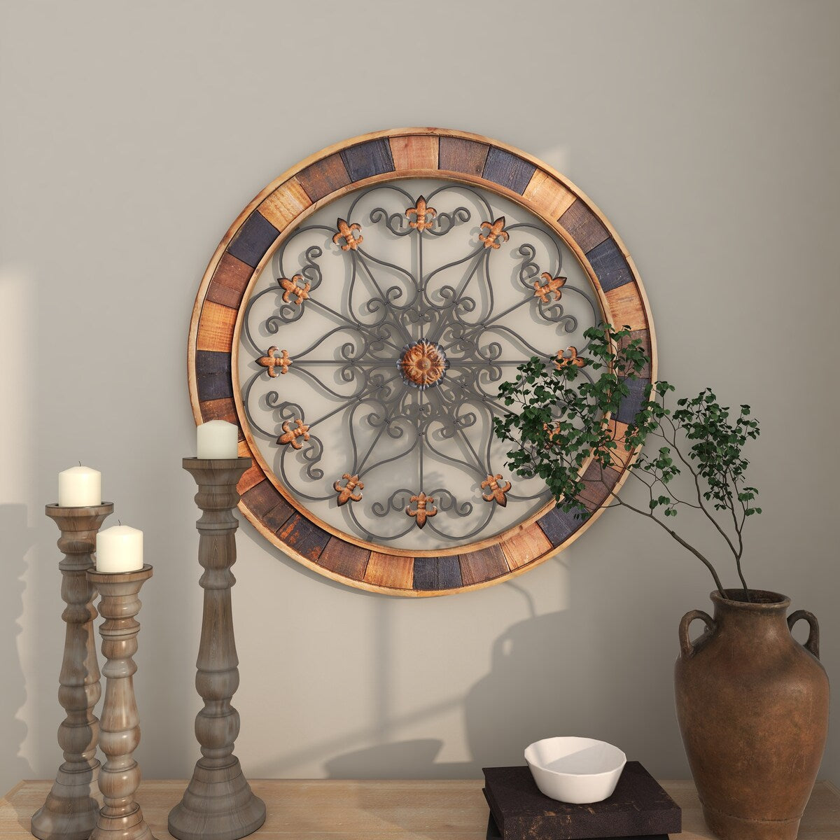 Wood Scroll Medallion Home Wall Decor with Metal Fleur-De-Lis Detail - Brown - Roche River Decor