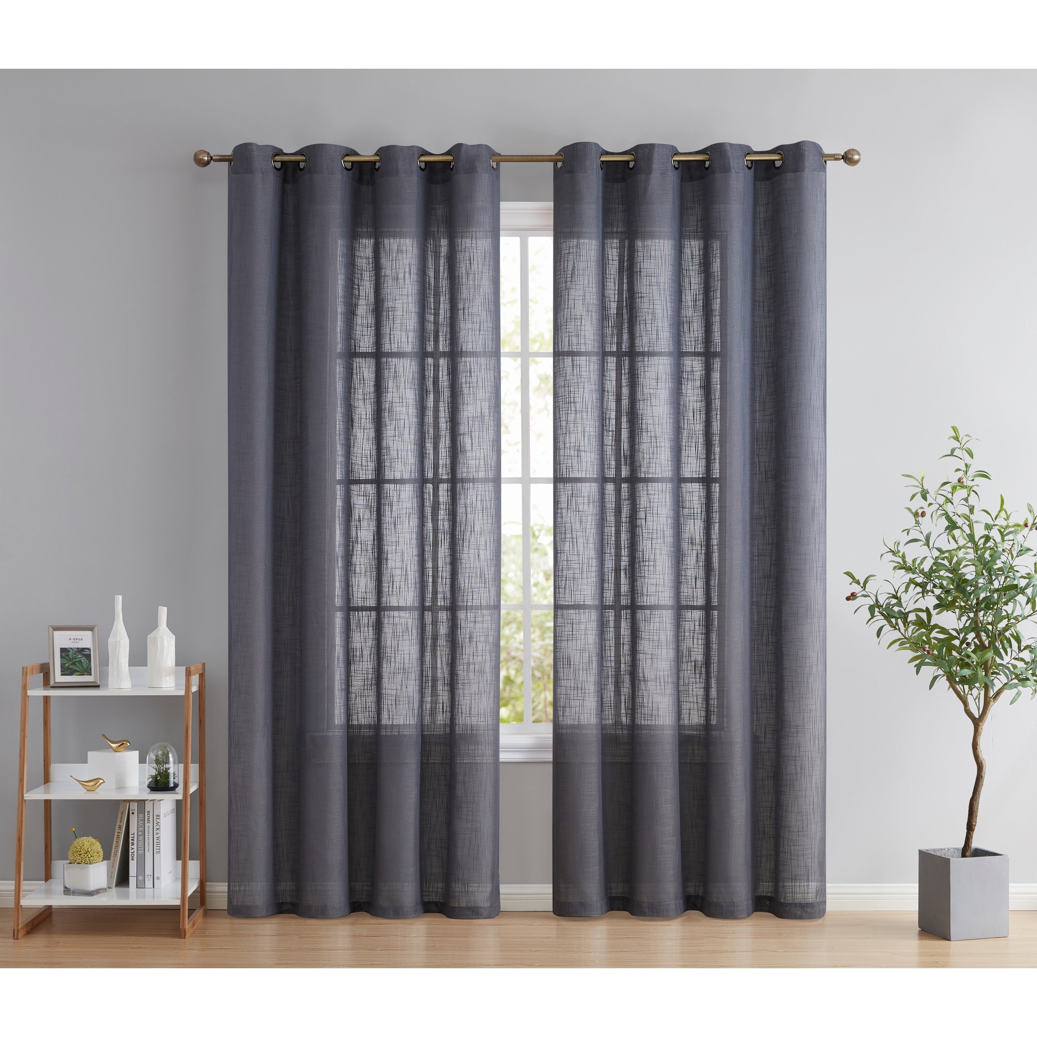 HLC.me Abbey Faux Linen Textured Semi Sheer Privacy Light Filtering Transparent Window Grommet Curtain Panels, Pair