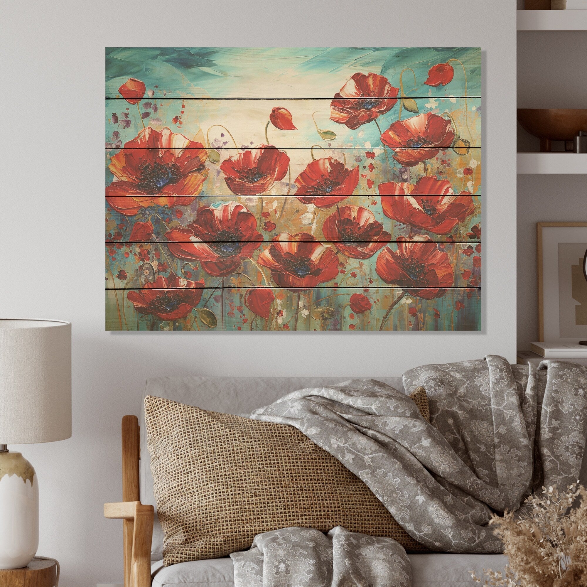 Designart Red Poppies Blossoming Flower Field Wood Wall Decor - Traditional Red Wood Panel On Natural Pine Wood